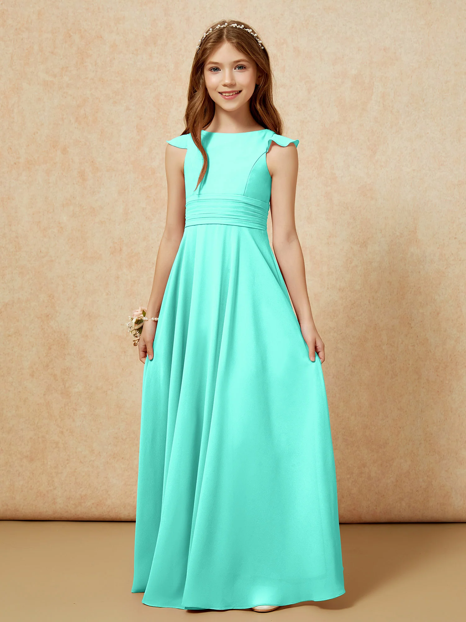 Jewel Neck Flutter Sleeves Chiffon Junior Bridesmaid Dresses Spa - Image 6
