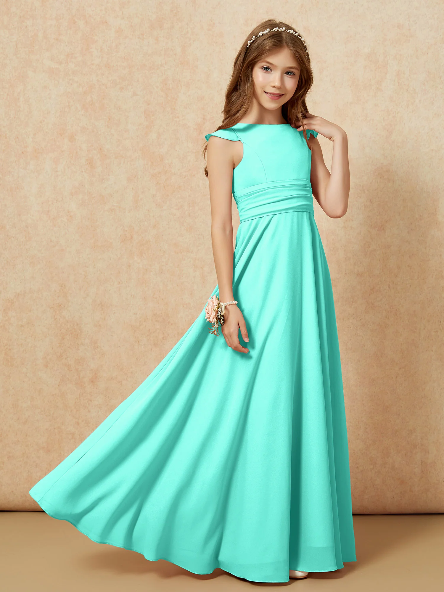 Jewel Neck Flutter Sleeves Chiffon Junior Bridesmaid Dresses Spa - Image 7