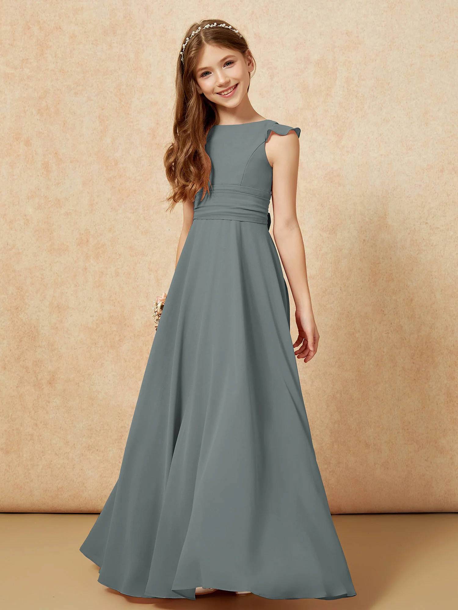 Jewel Neck Flutter Sleeves Chiffon Junior Bridesmaid Dresses Steel Grey - Image 4