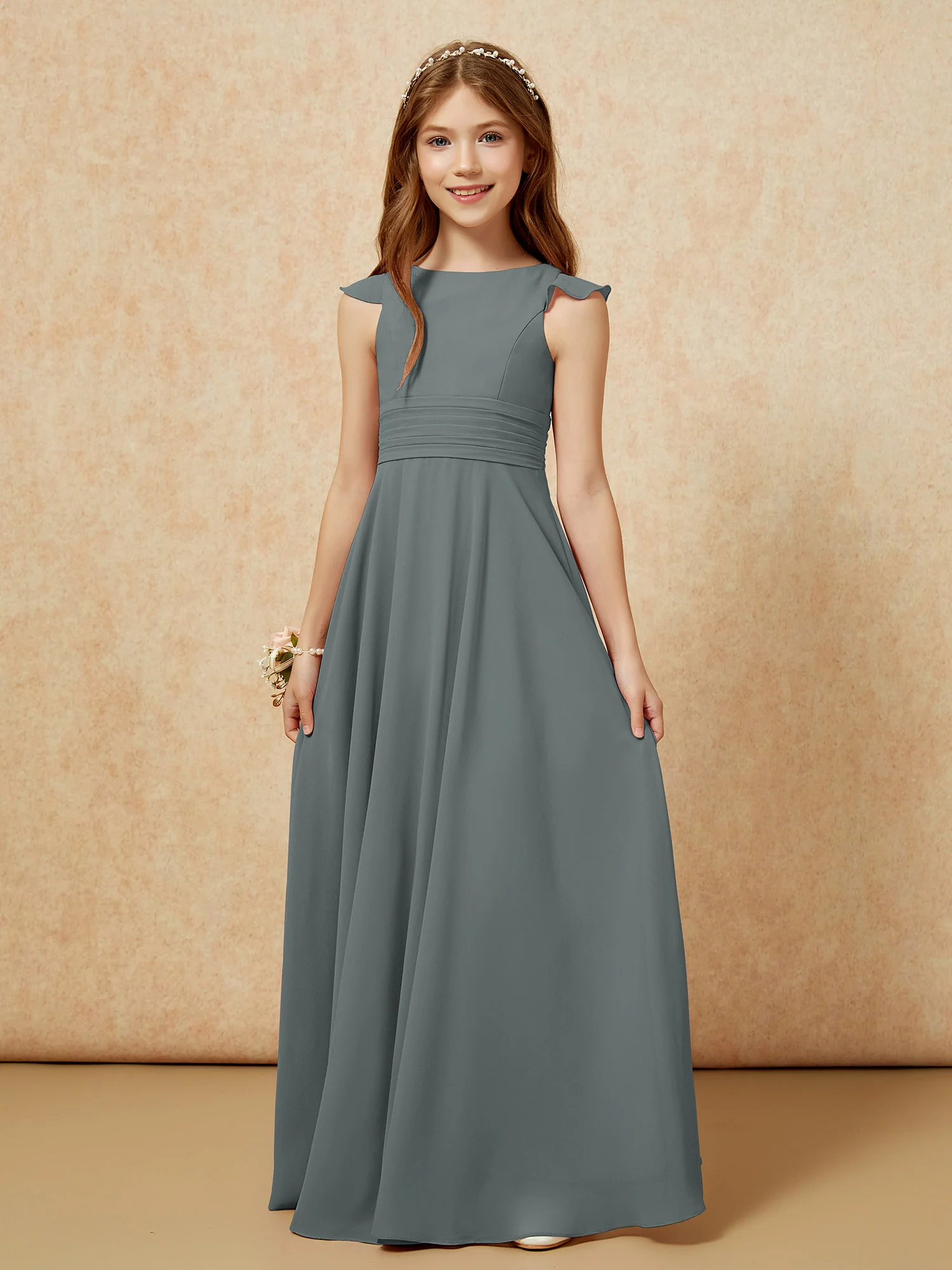 Jewel Neck Flutter Sleeves Chiffon Junior Bridesmaid Dresses Steel Grey - Image 6