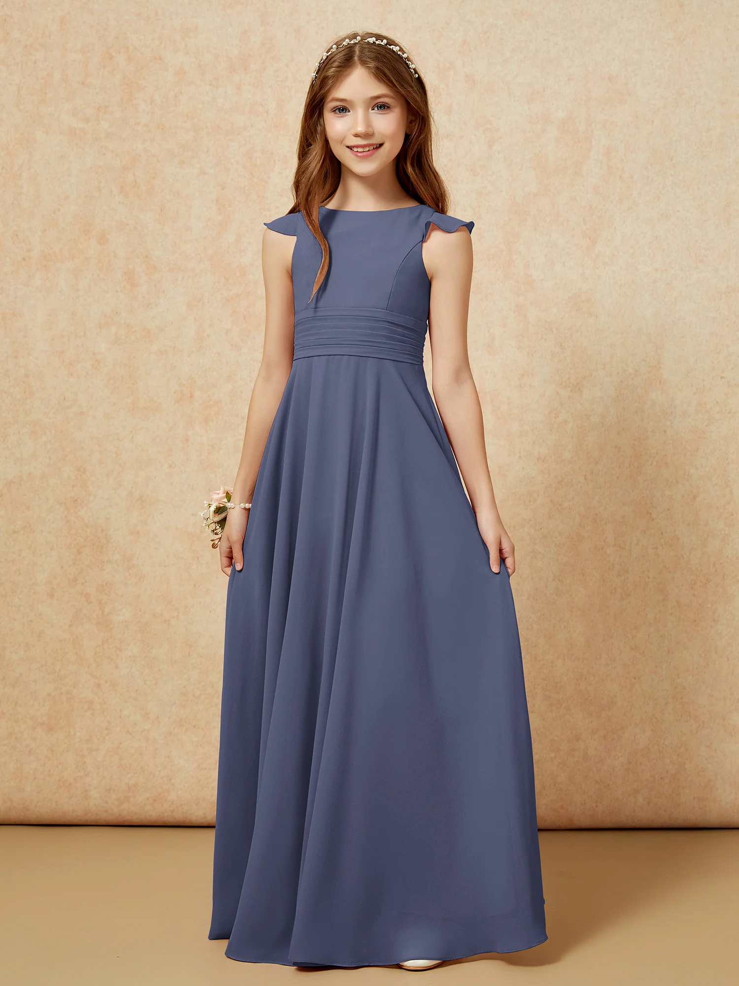 Jewel Neck Flutter Sleeves Chiffon Junior Bridesmaid Dresses Stormy - Image 6