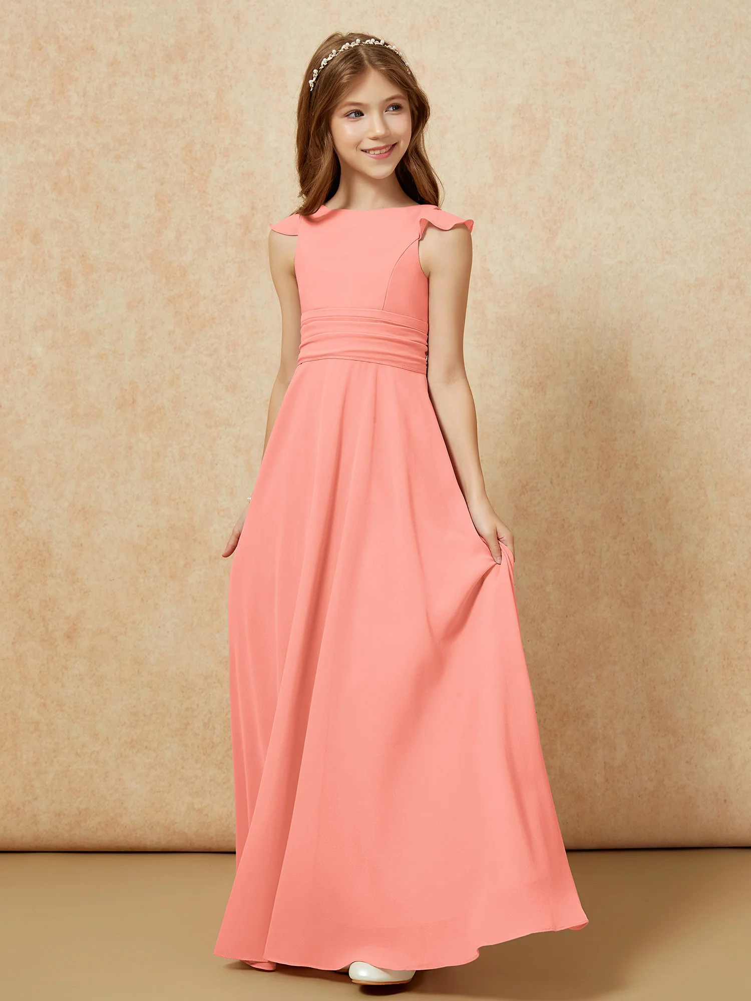 Jewel Neck Flutter Sleeves Chiffon Junior Bridesmaid Dresses Sunset - Image 3