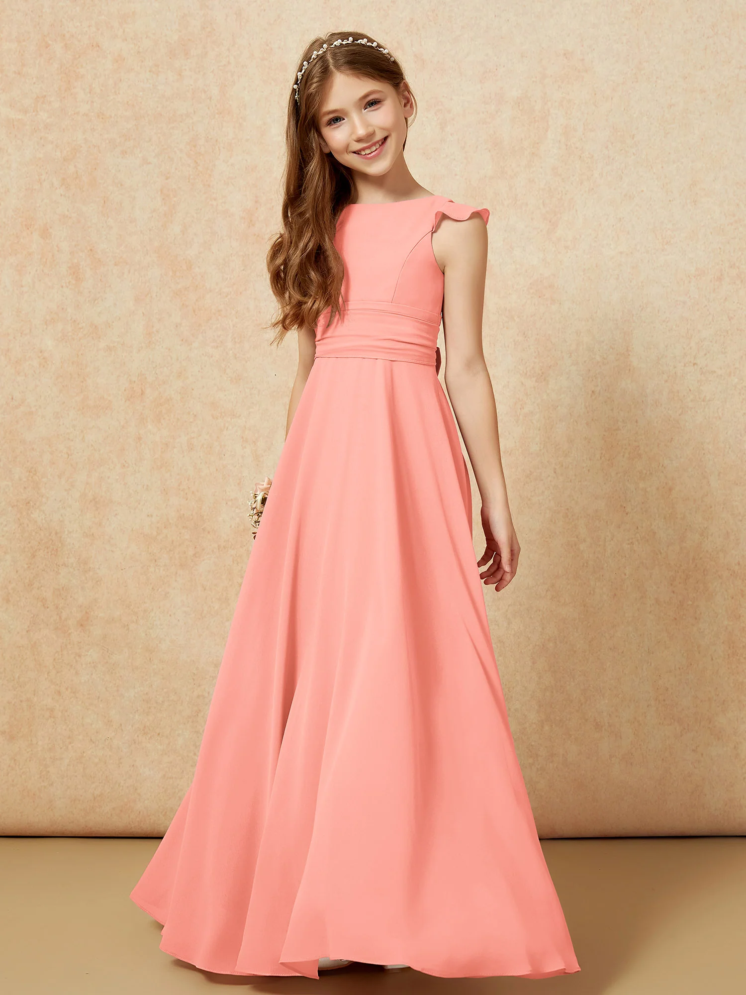 Jewel Neck Flutter Sleeves Chiffon Junior Bridesmaid Dresses Sunset - Image 4