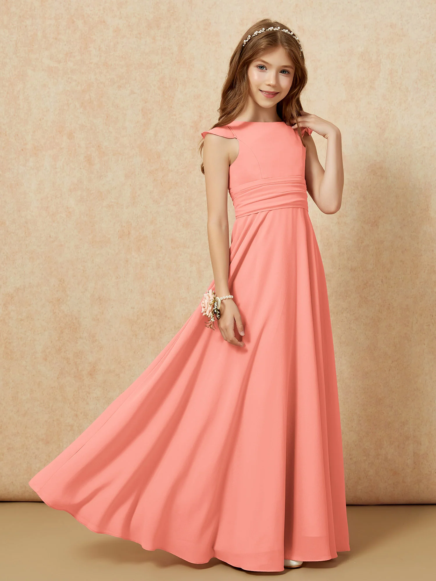 Jewel Neck Flutter Sleeves Chiffon Junior Bridesmaid Dresses Sunset - Image 7