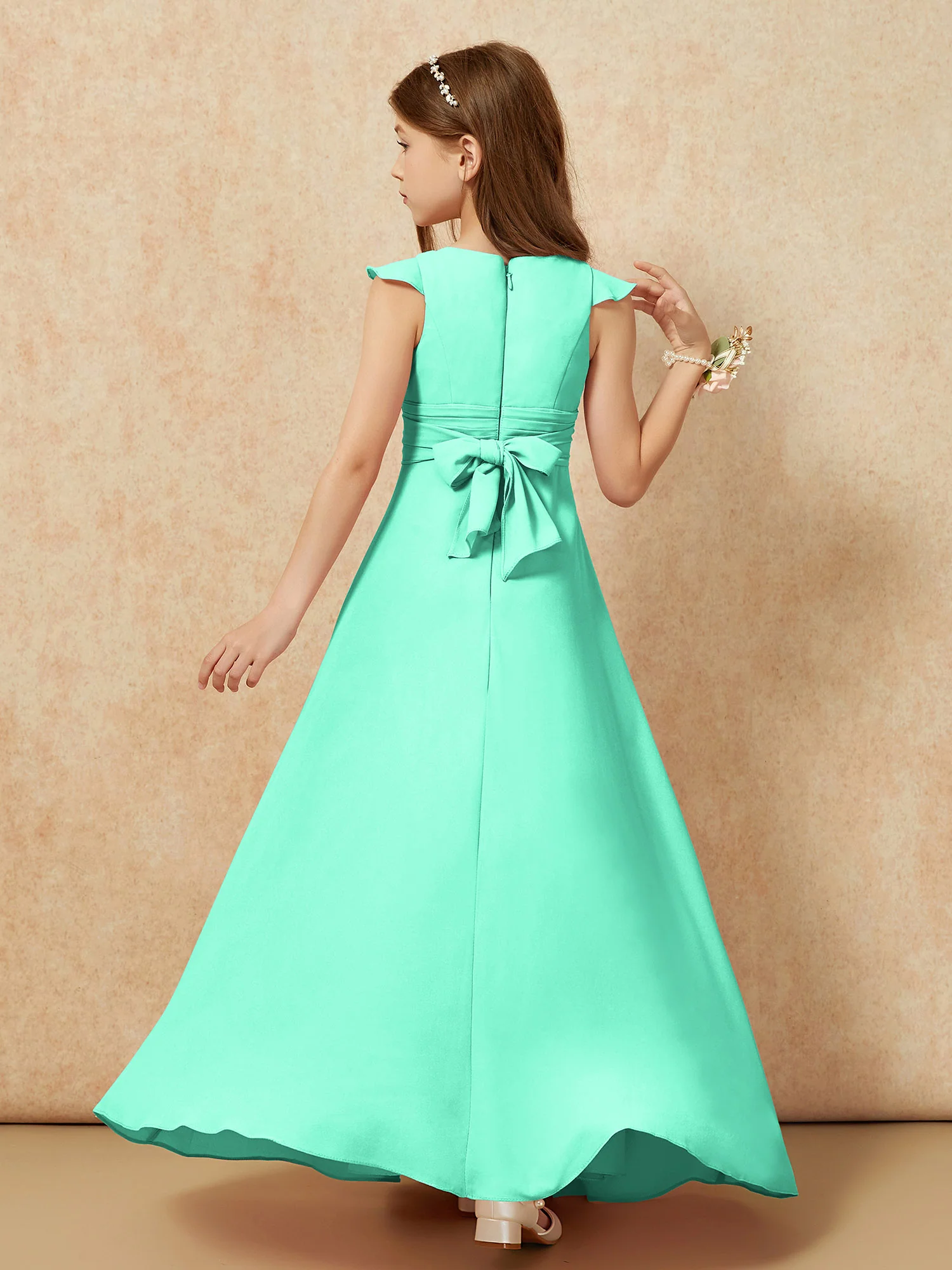 Jewel Neck Flutter Sleeves Chiffon Junior Bridesmaid Dresses Turquoise - Image 2