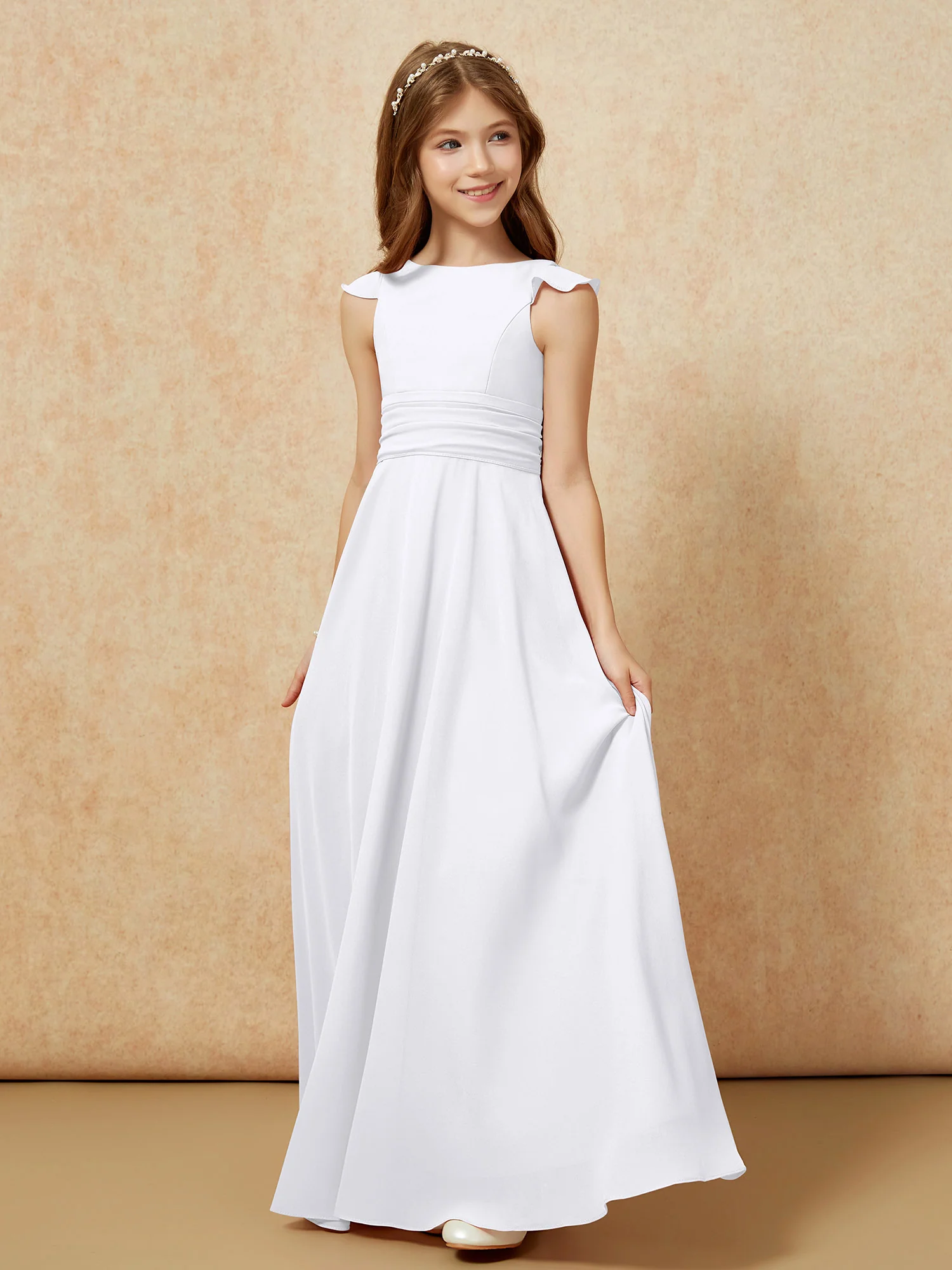 Jewel Neck Flutter Sleeves Chiffon Junior Bridesmaid Dresses White - Image 3