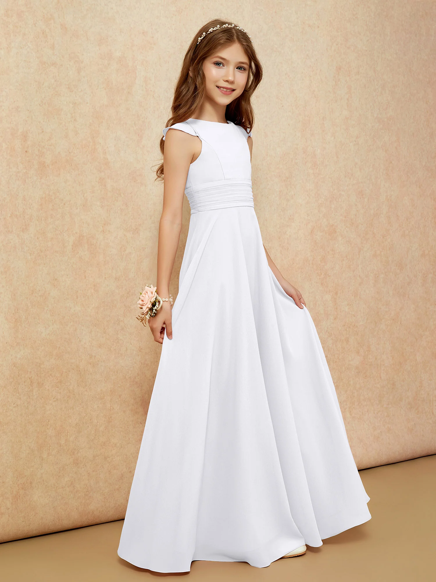 Jewel Neck Flutter Sleeves Chiffon Junior Bridesmaid Dresses White - Image 5