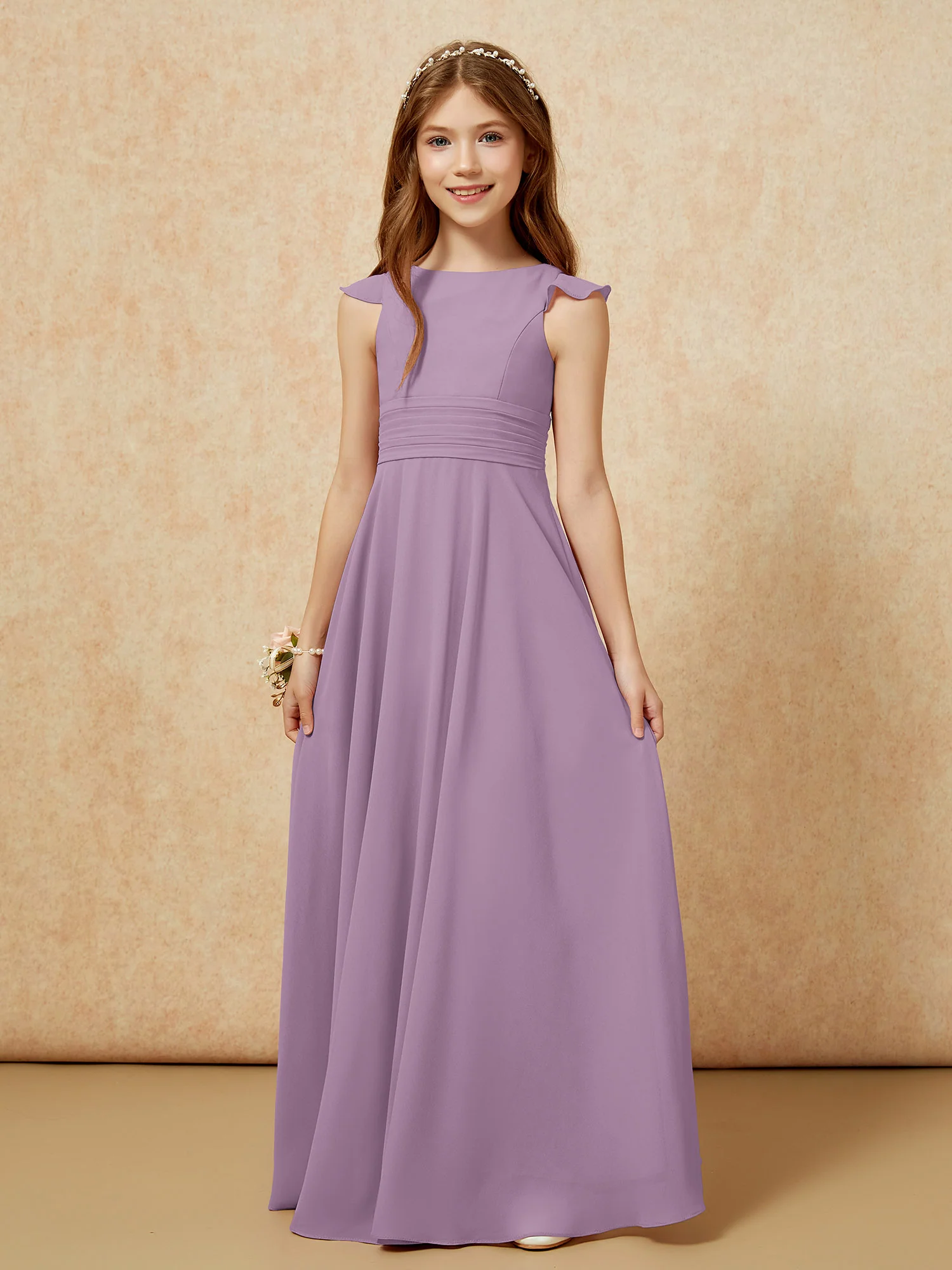 Jewel Neck Flutter Sleeves Chiffon Junior Bridesmaid Dresses Wisteria - Image 6