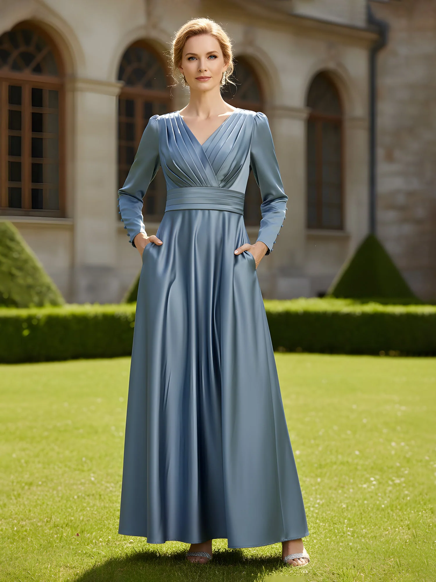 Elegant V-neck Pleated Satin A-Line Gown with Pockets Jade