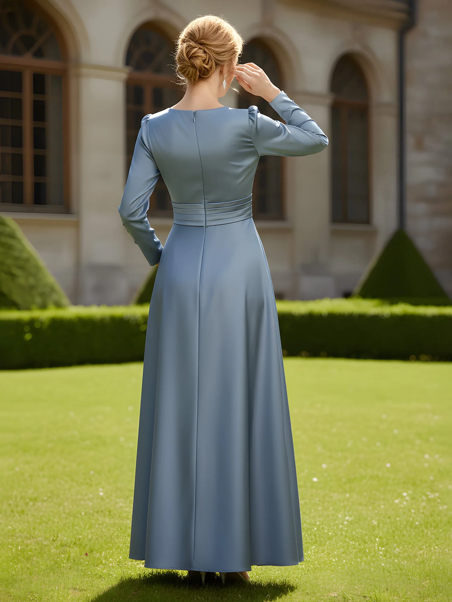 Elegant V-neck Pleated Satin A-Line Gown with Pockets Royal Blue - Image 2
