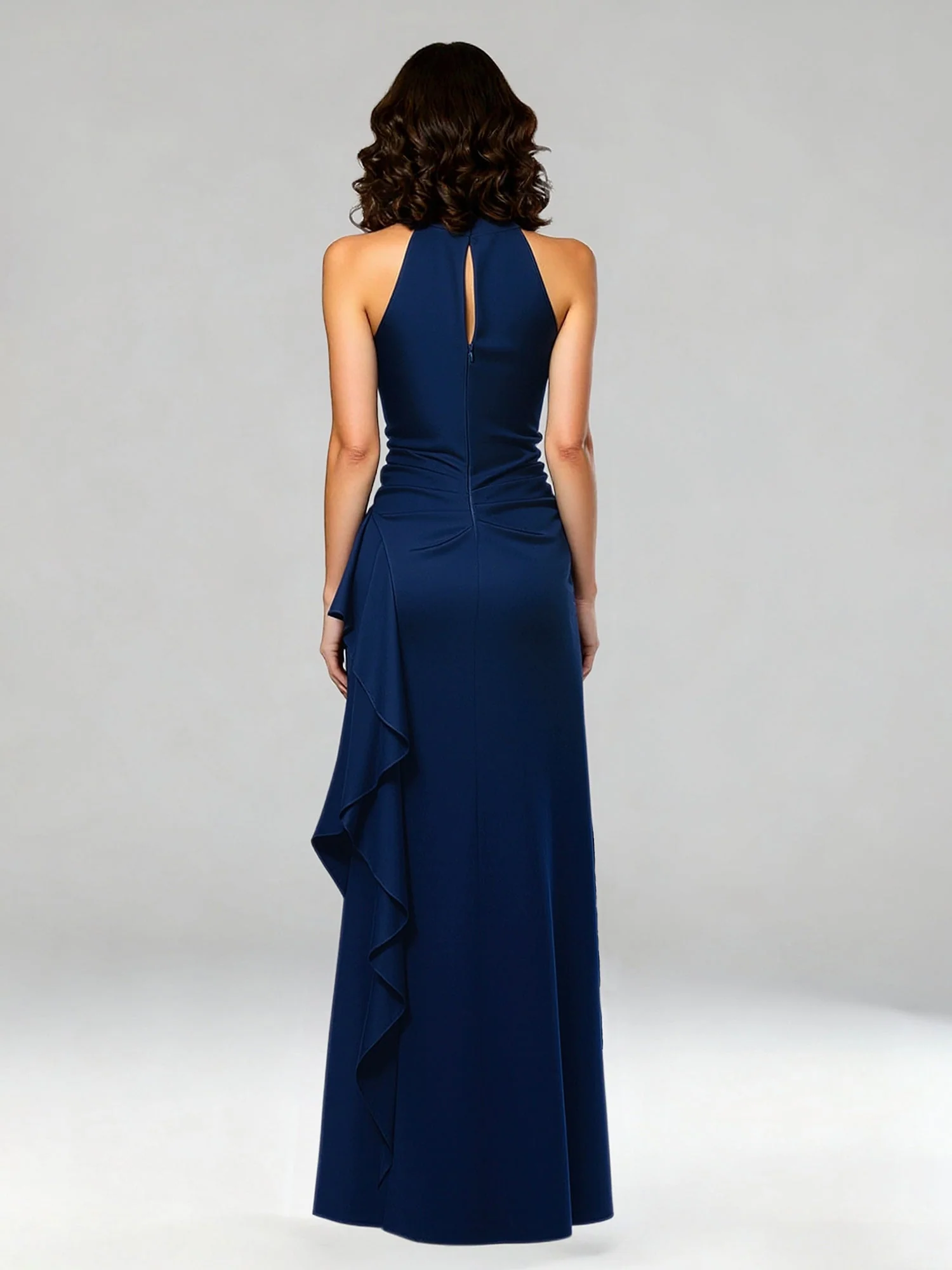 Halter Neck Maxi Gown with Waterfall Ruffle Detail Peacock - Image 2