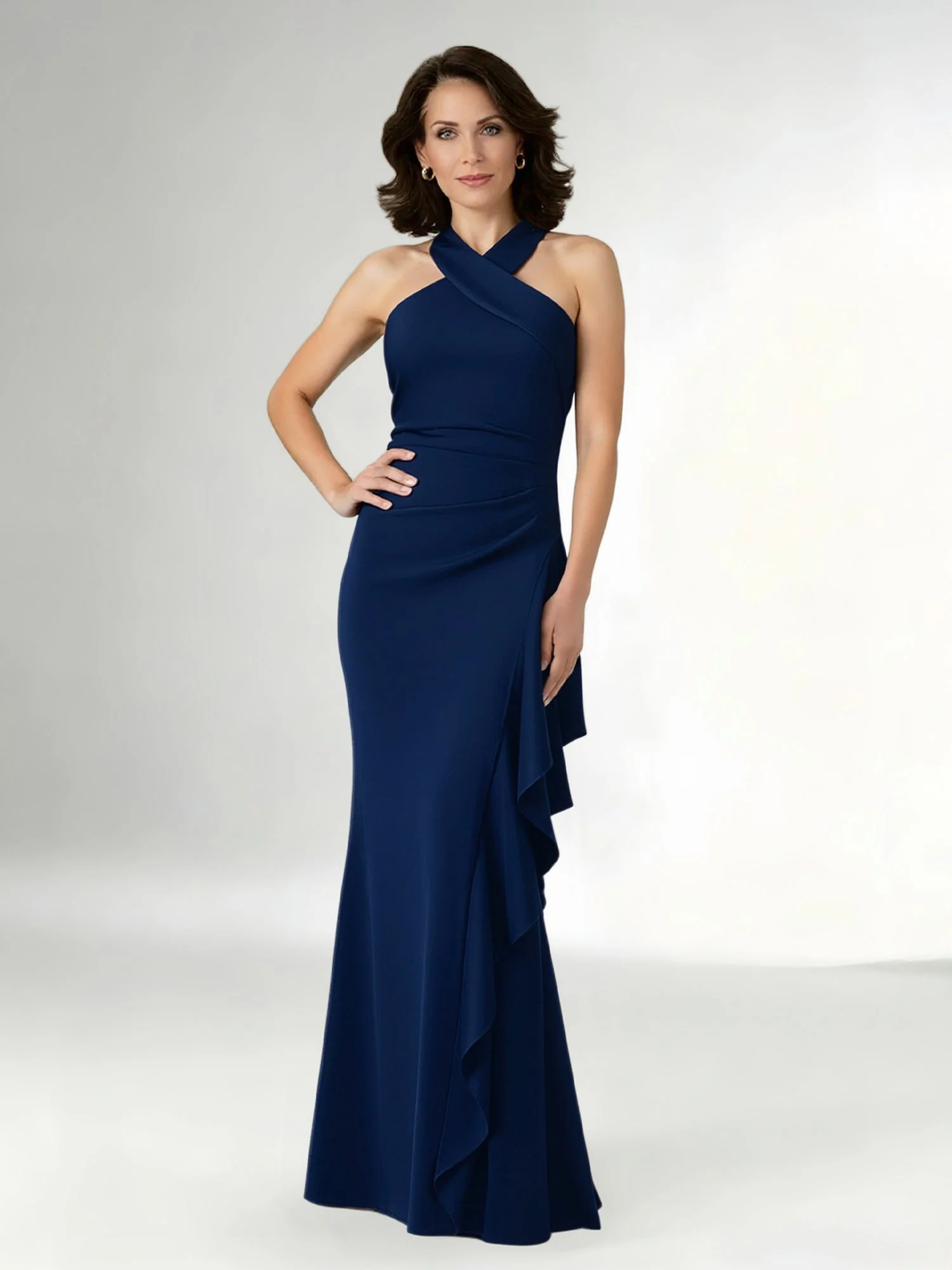 Halter Neck Maxi Gown with Waterfall Ruffle Detail Steel Grey