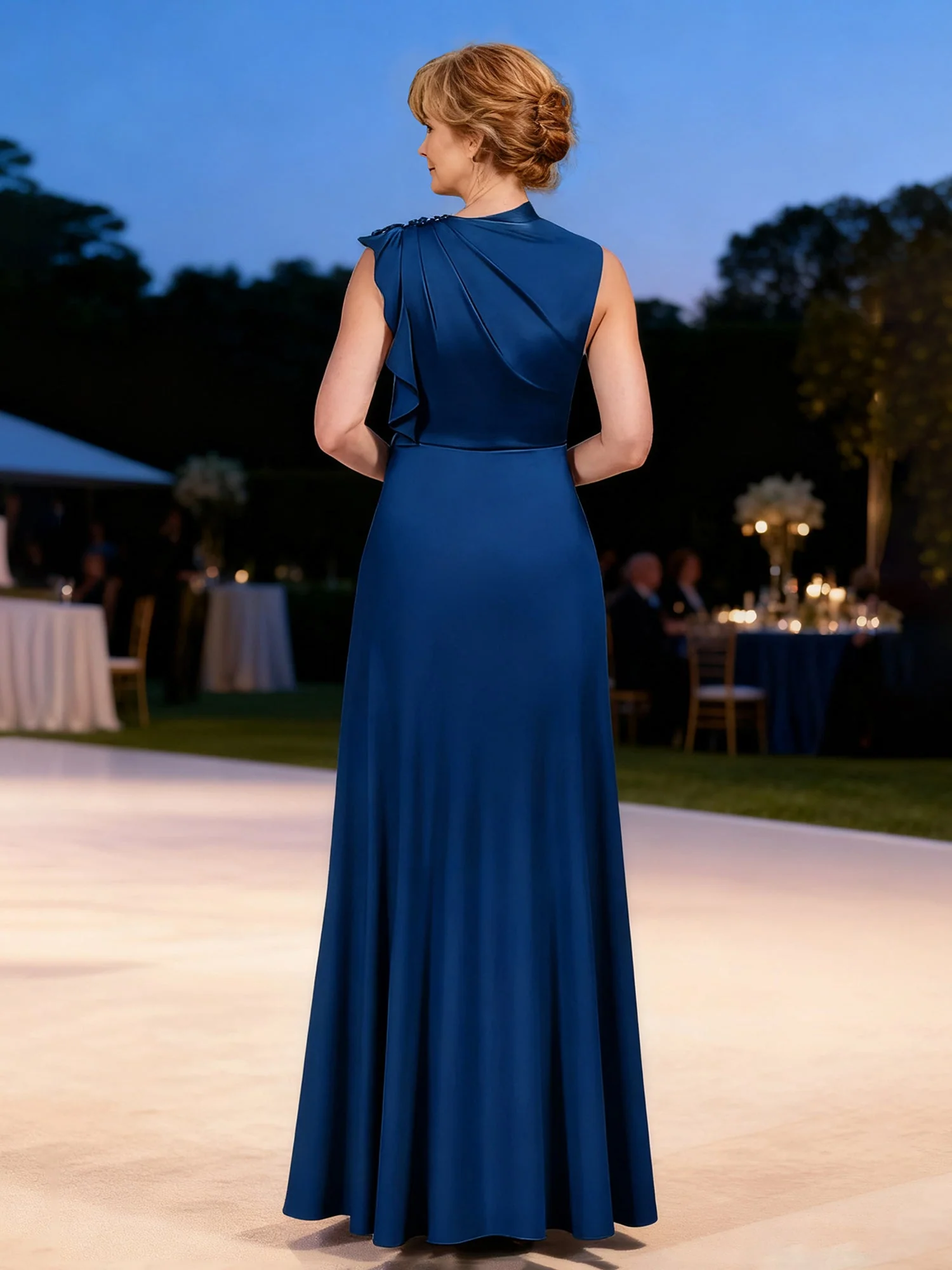 Chic Ruffled Neckline Gown Elegant Evening Attire Ivory - Image 2