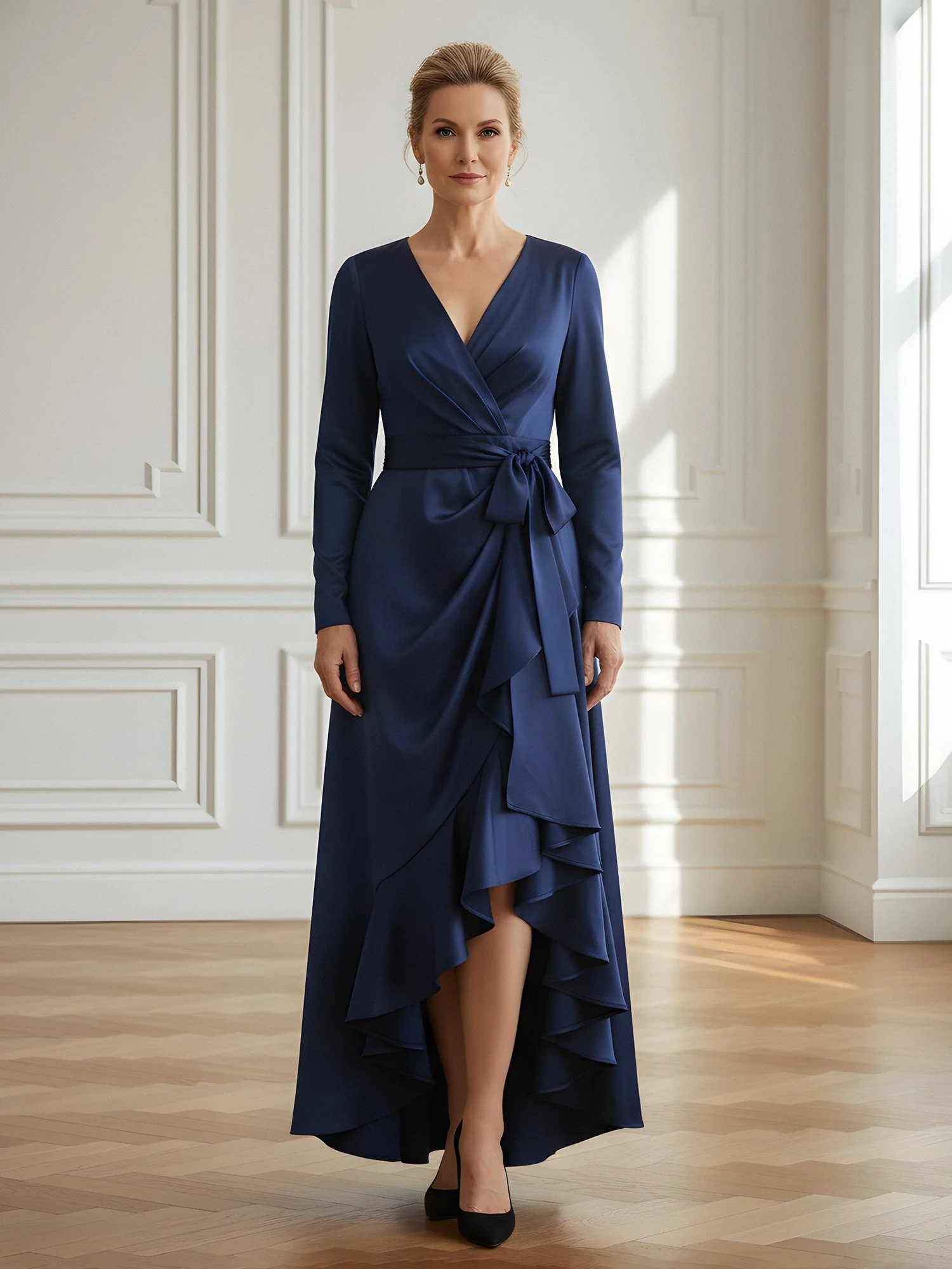 Long-Sleeve Faux-Wrap Maxi Dress with Cascading Ruffle Hem Slate Blue