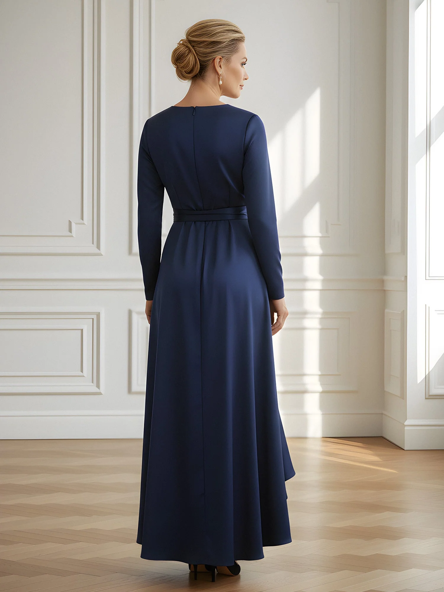 Long-Sleeve Faux-Wrap Maxi Dress with Cascading Ruffle Hem Slate Blue - Image 2