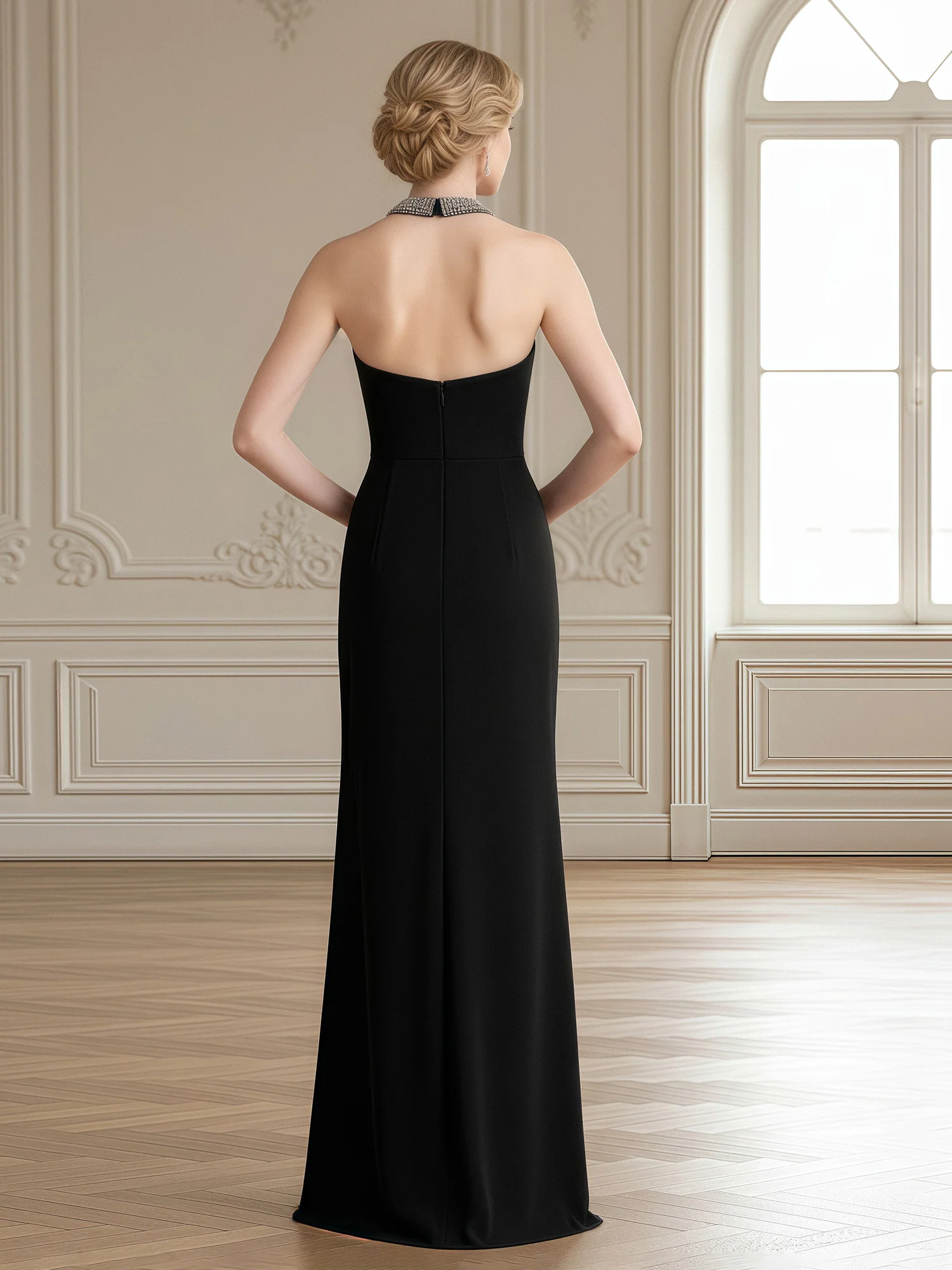Jewel Neck Column Gown with Beaded Halter Collar Black - Image 2