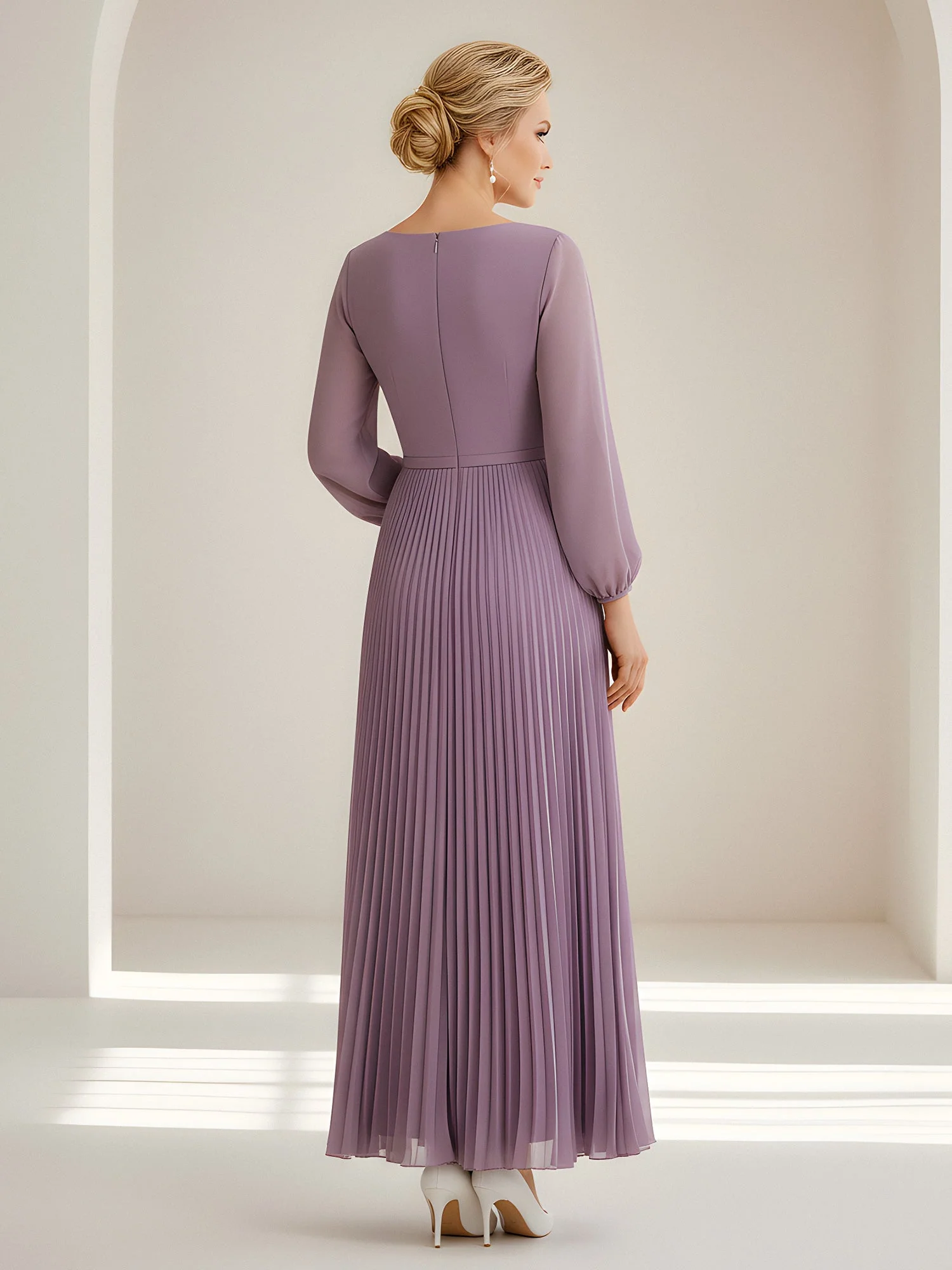 Pleated Maxi Dress with Sheer Bishop Sleeves and Rosette Orange - Image 2