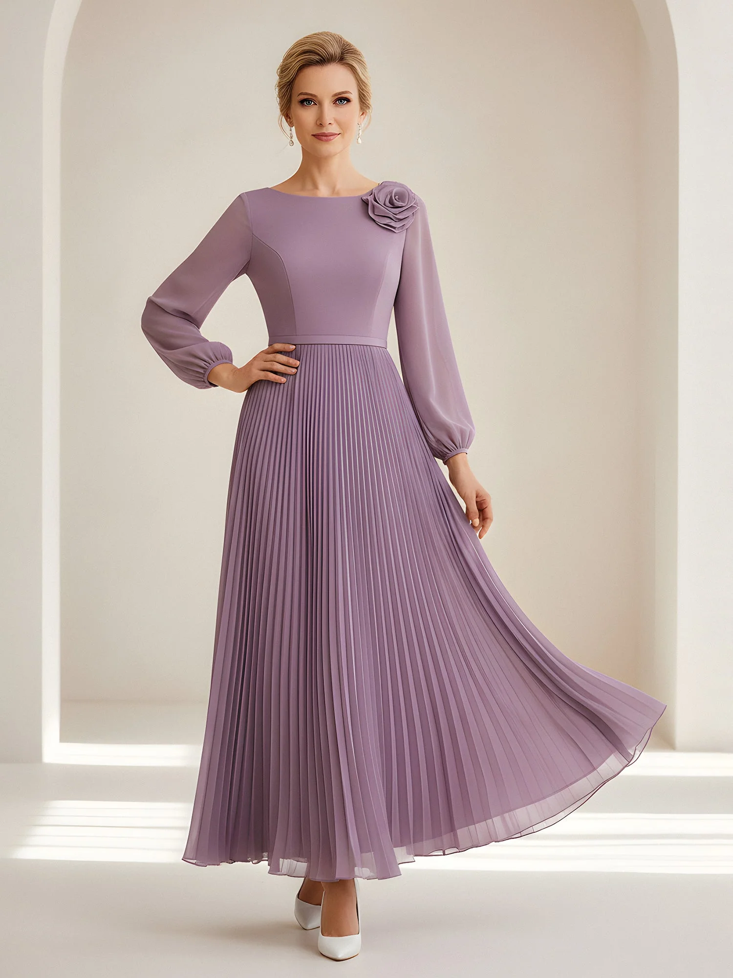 Pleated Maxi Dress with Sheer Bishop Sleeves and Rosette Watermelon