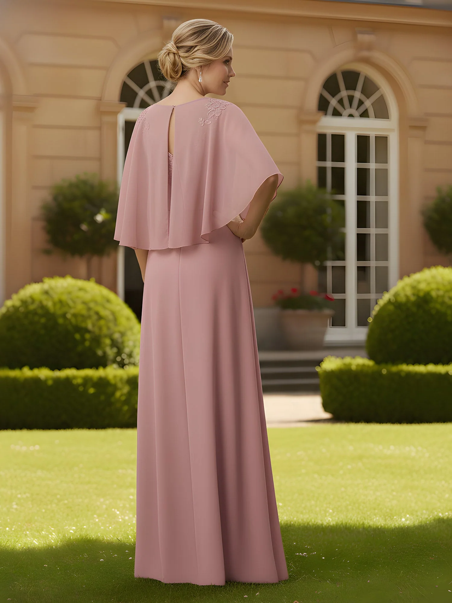 Illusion Neck A-line Gown with Cape Sleeves Mint Green - Image 2