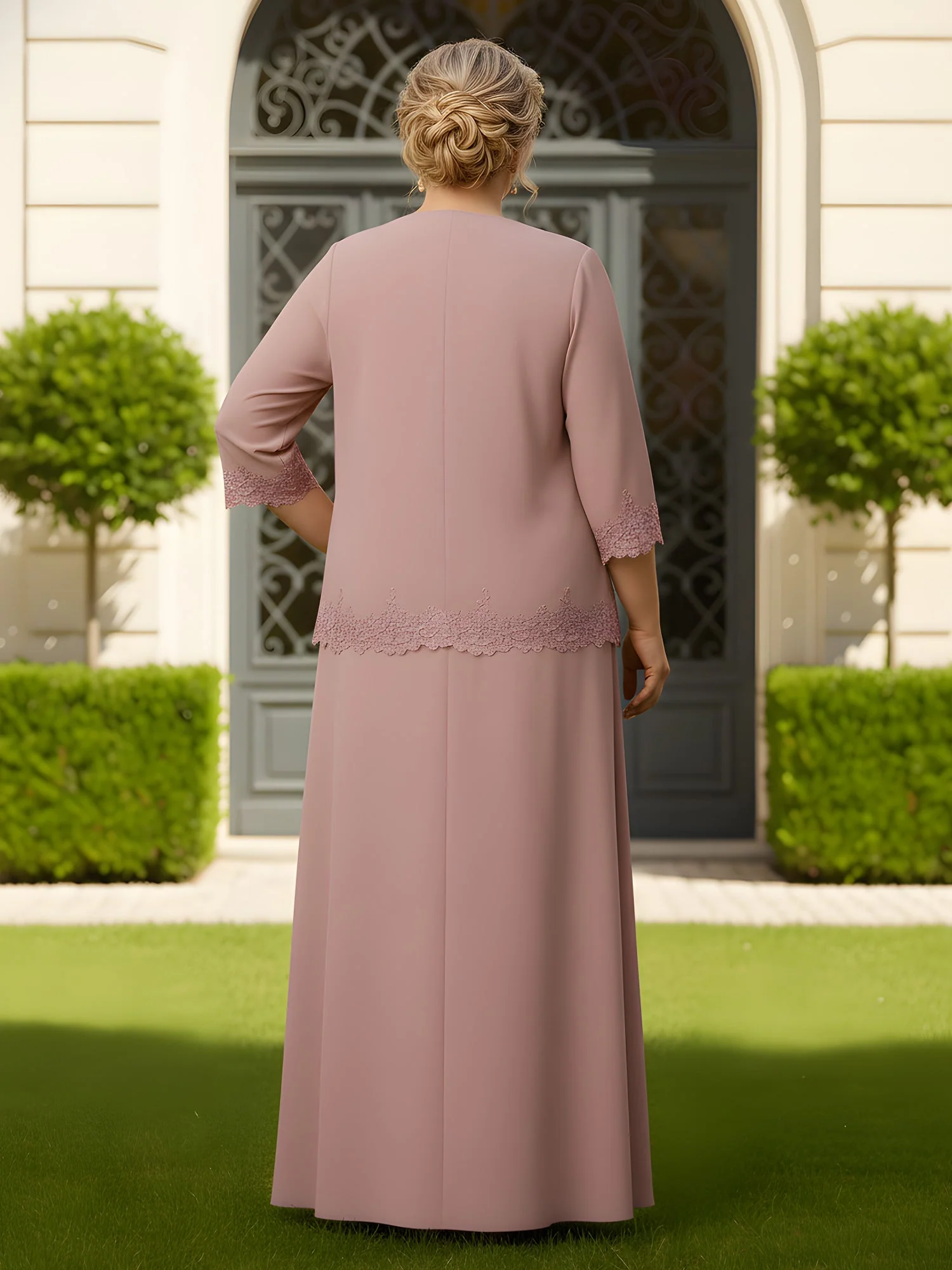Lace Trim Two-Piece Chiffon Maxi Suit Burgundy - Image 2
