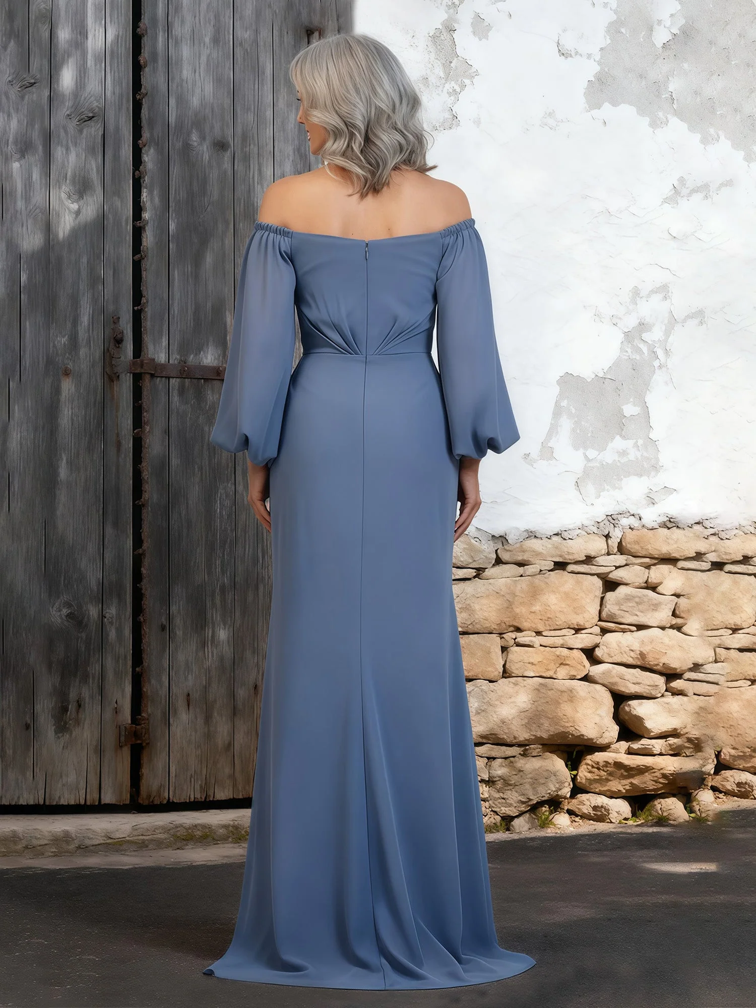 Billowing Sleeve Evening Dress Flattering Draped Bodice Rust - Image 2