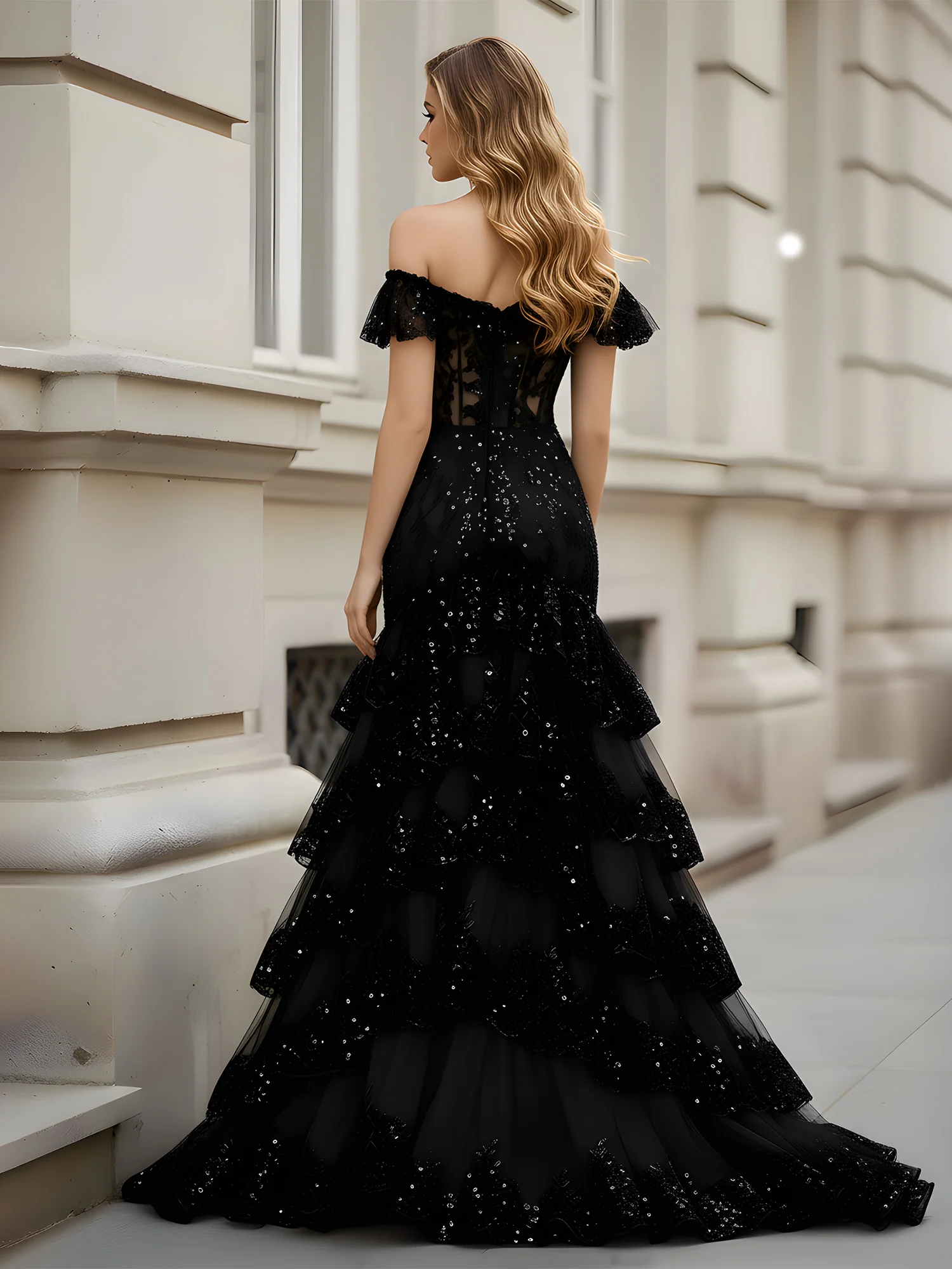 Sheer Corset Bodice Sequin Embroidered Prom Dress Black - Image 2