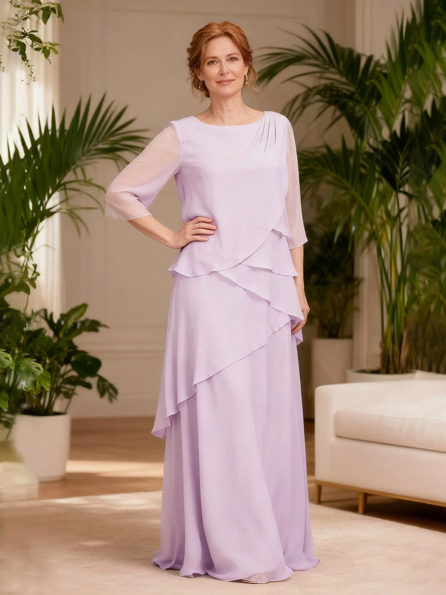 Cascading Ruffle Gown Boat Neck Floating Panels Coral