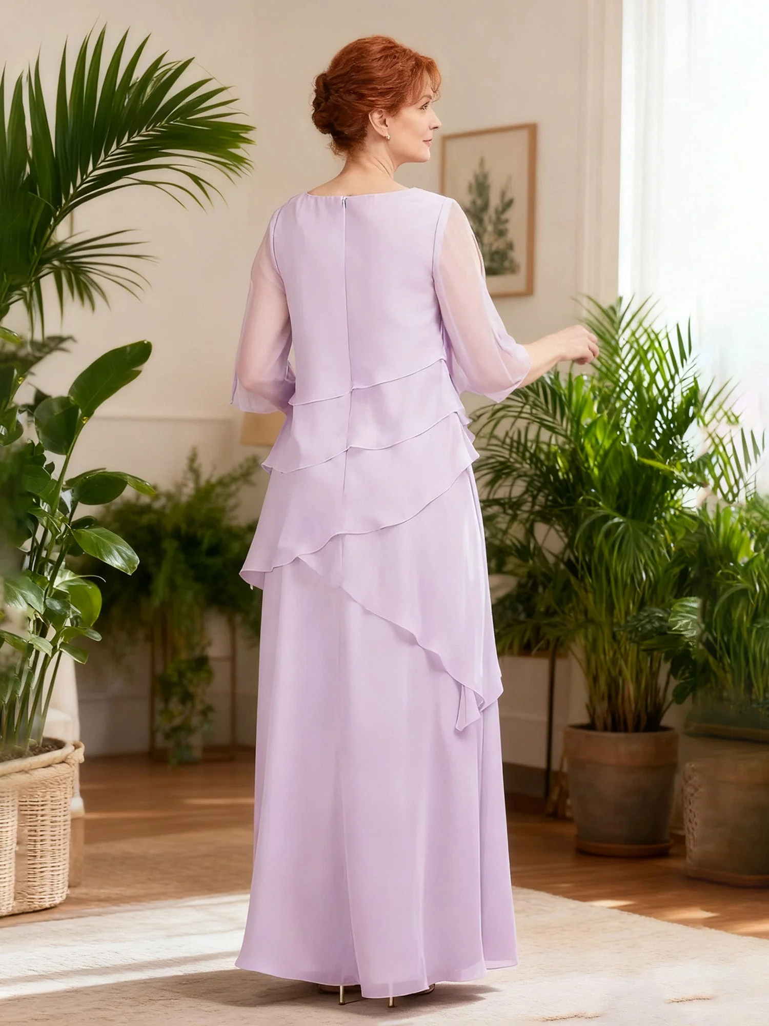 Cascading Ruffle Gown Boat Neck Floating Panels Peacock - Image 2