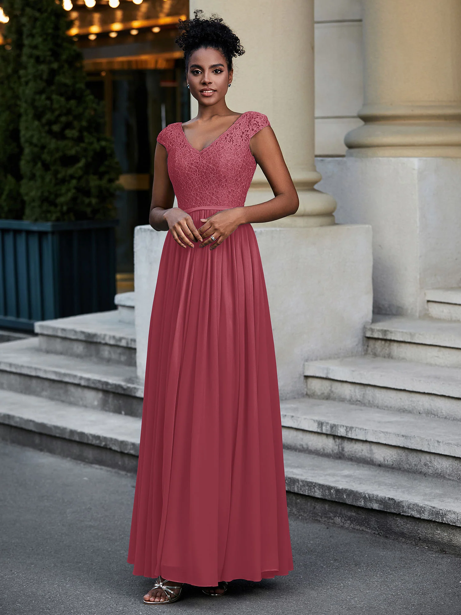 Lace and Chiffon Maxi Dress with Cap Sleeves-Cinnamon Rose Plus Size - Image 4