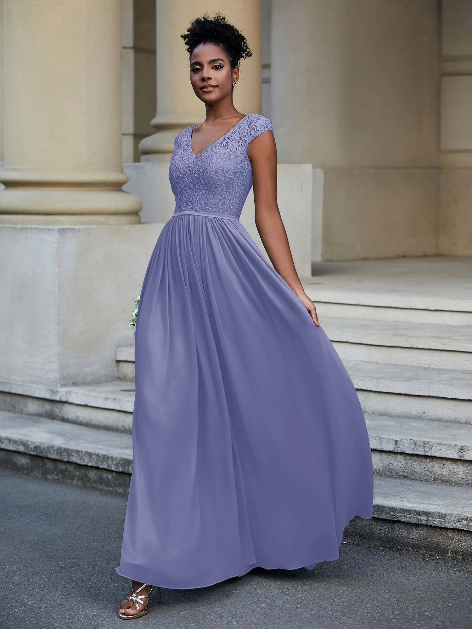Lace and Chiffon Maxi Dress with Cap Sleeves-Periwinkle - Image 3