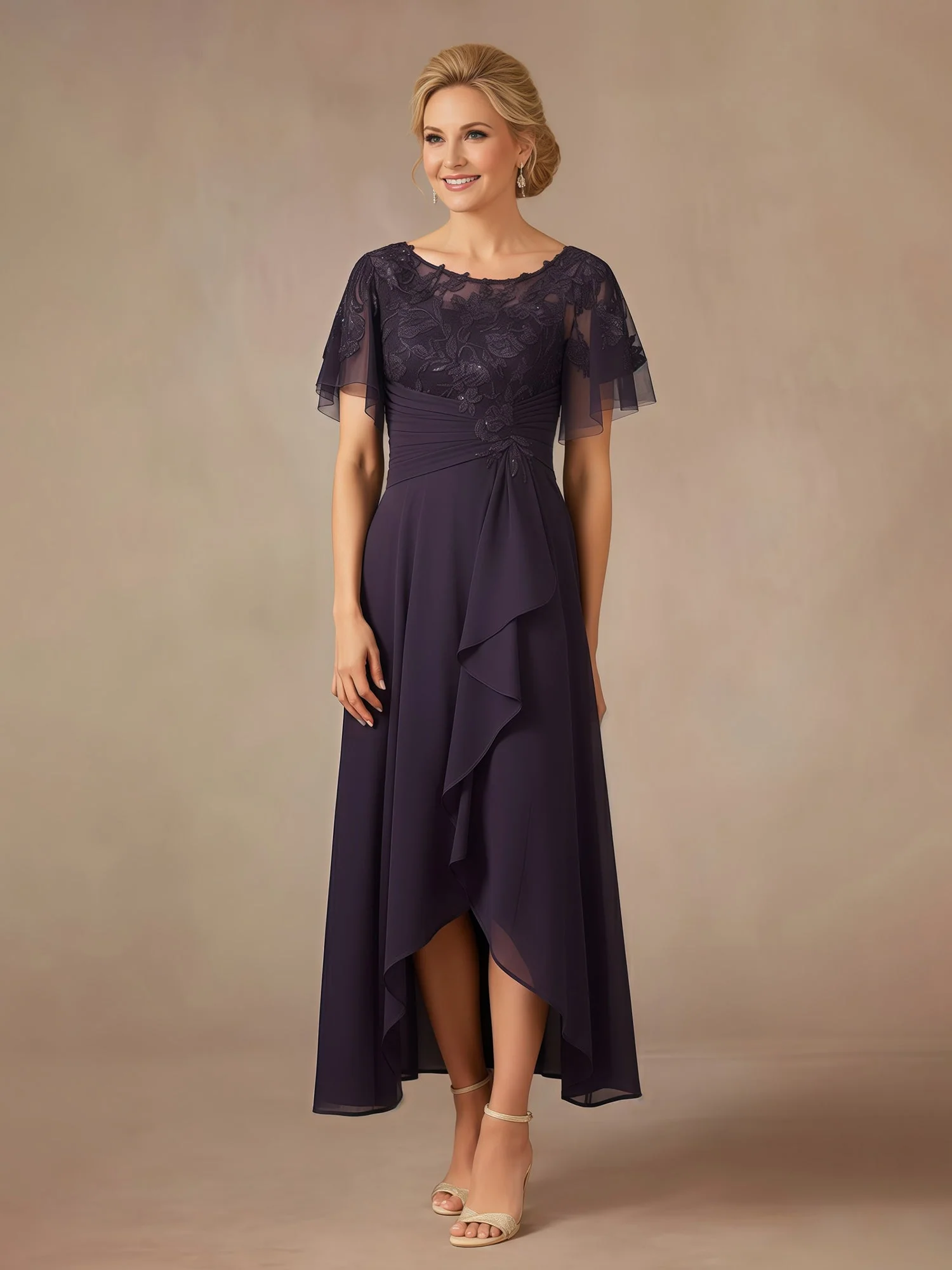 Lace Sequins Chiffon A-Line Asymmetrical Dress With Ruffles Lilac