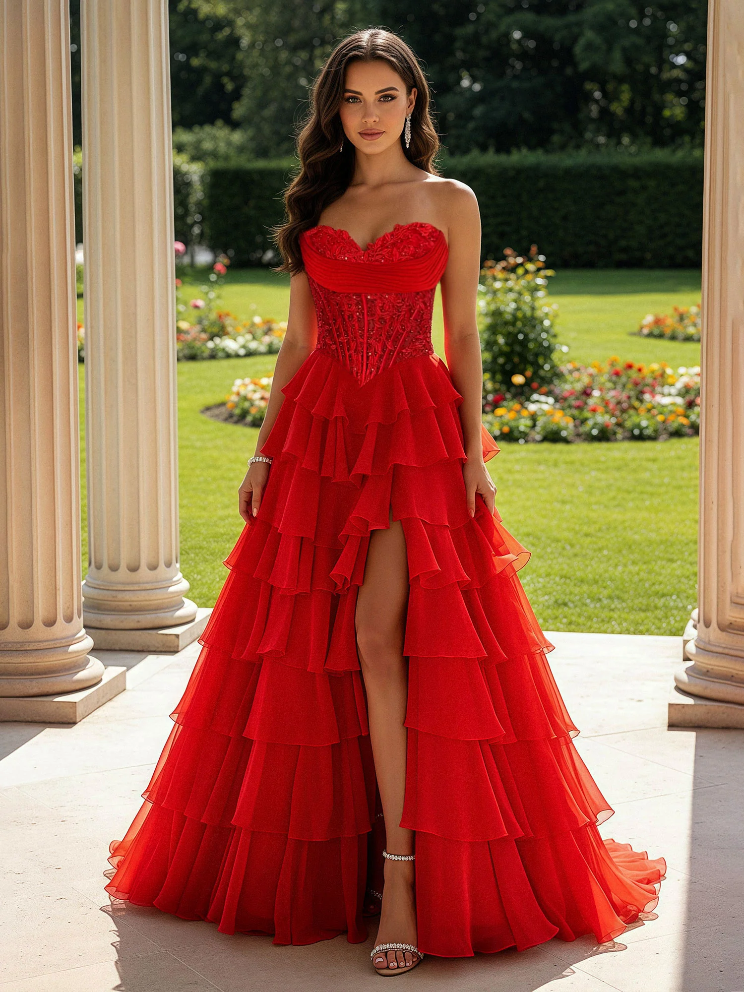 Lace Sweetheart Corset A-Line Tiered Dress With Slit Red