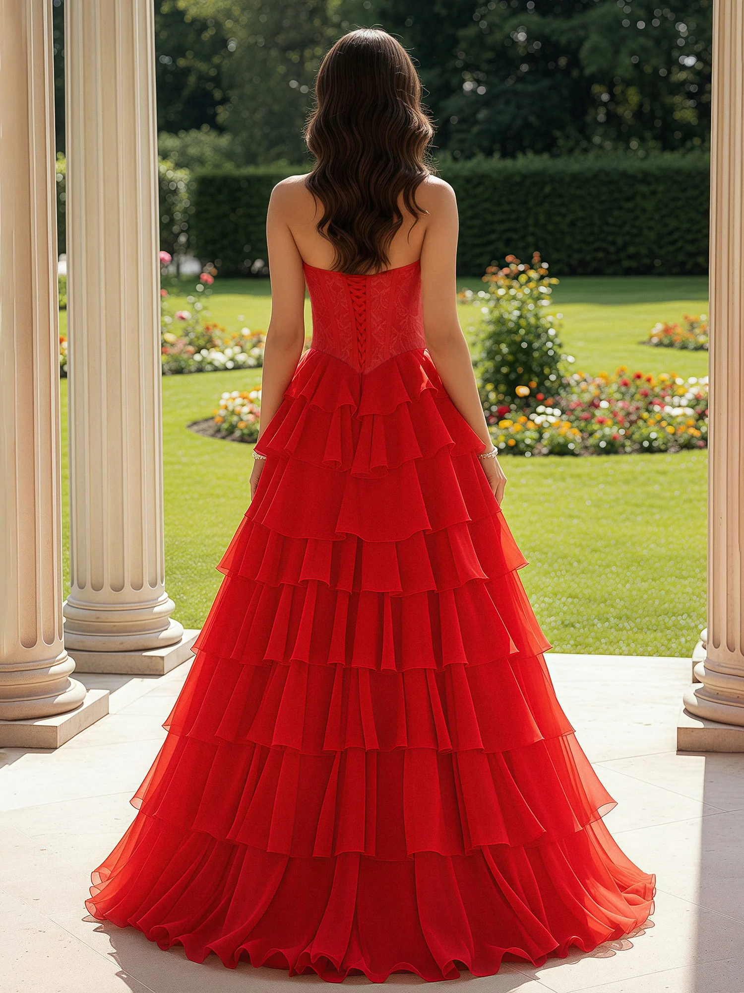 Lace Sweetheart Corset A-Line Tiered Dress With Slit Red - Image 2