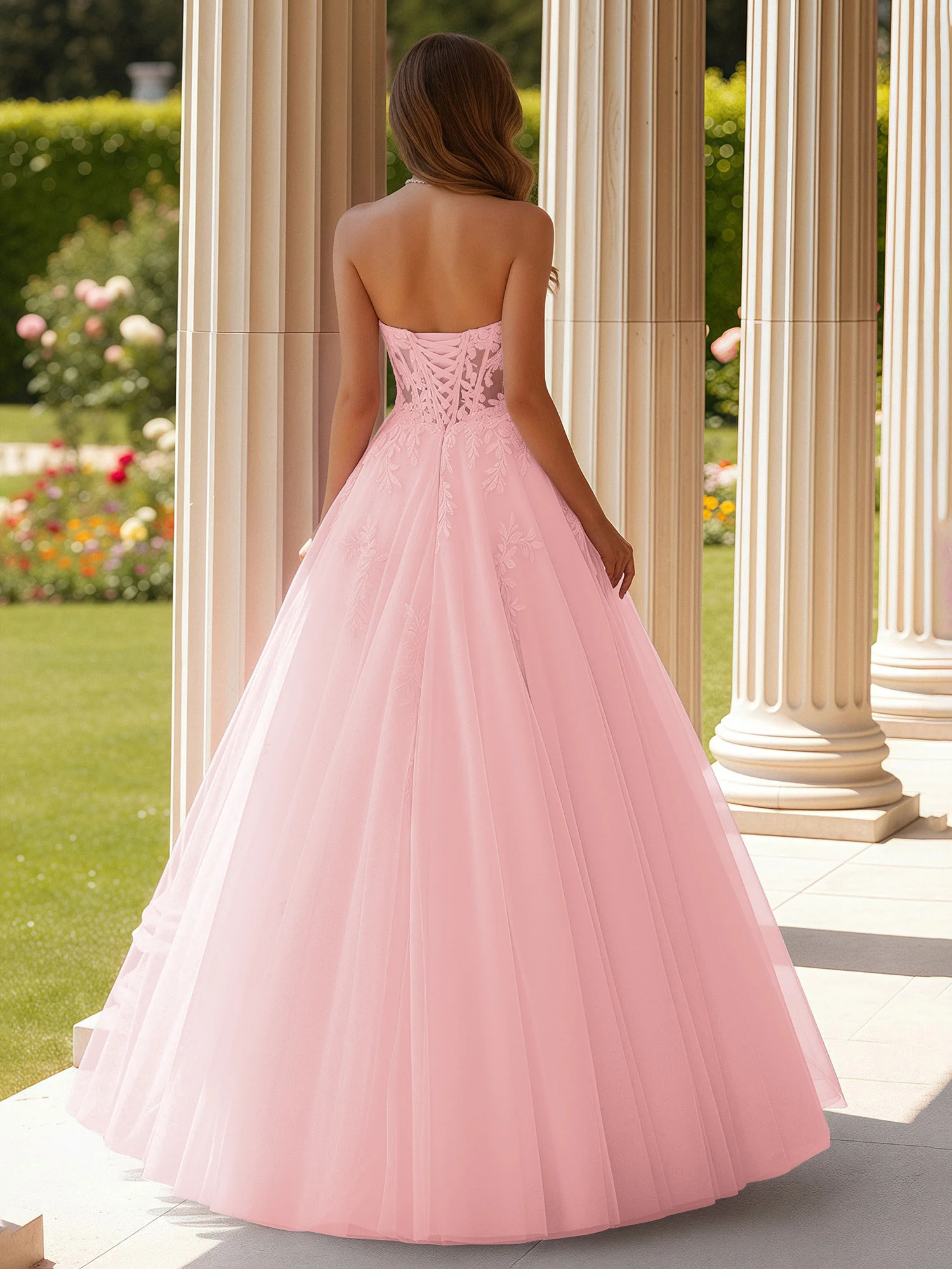 Lace Sweetheart Sheer Corset Applique Tulle Dress Blushing Pink - Image 2
