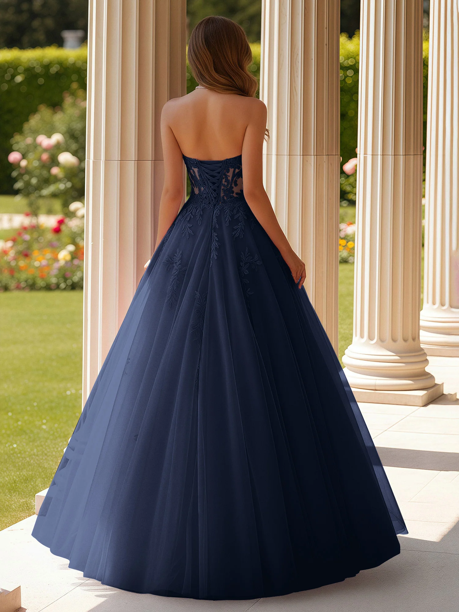 Lace Sweetheart Sheer Corset Applique Tulle Dress Dark Navy - Image 2