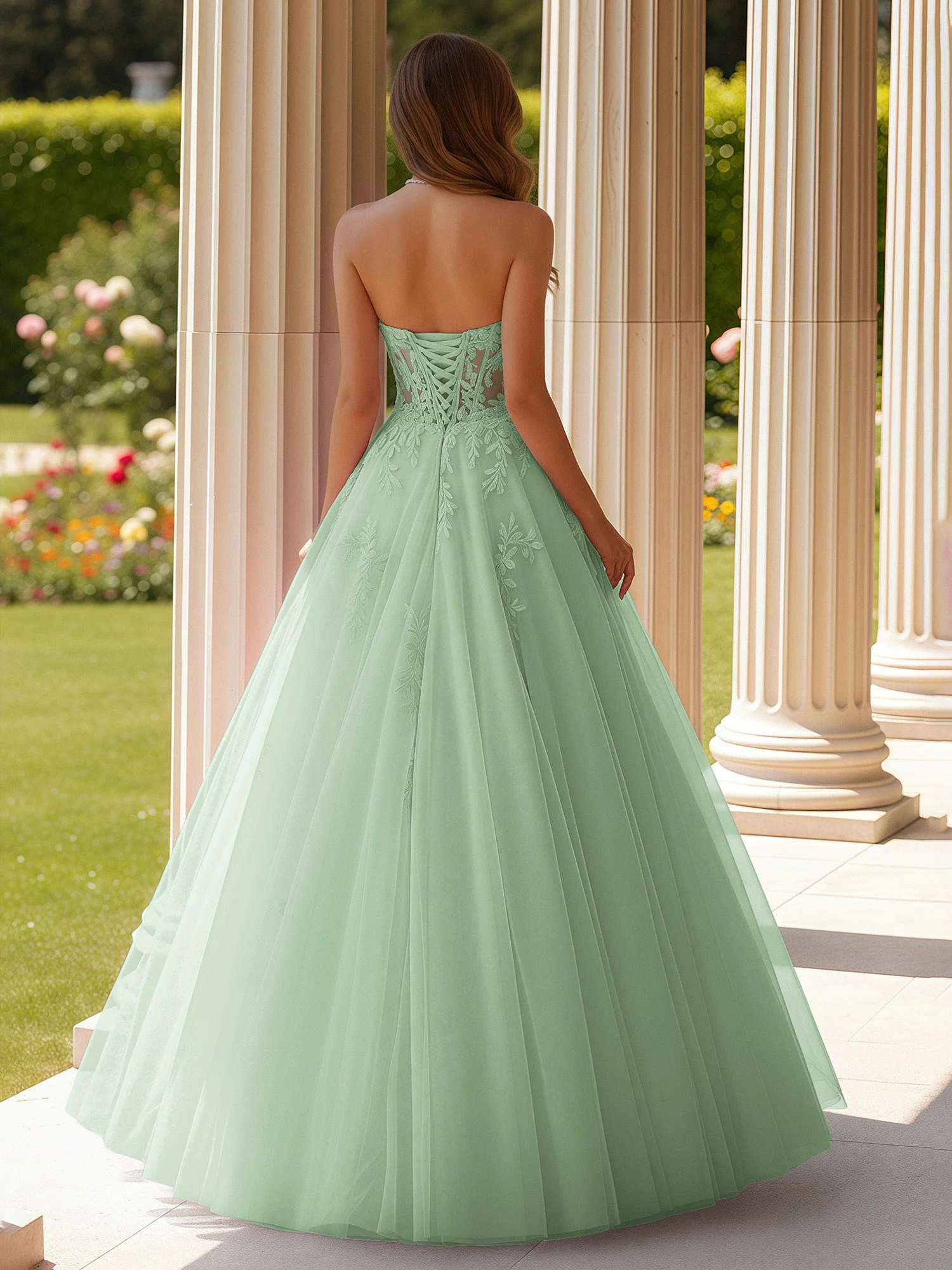 Lace Sweetheart Sheer Corset Applique Tulle Dress Dusty Sage - Image 2