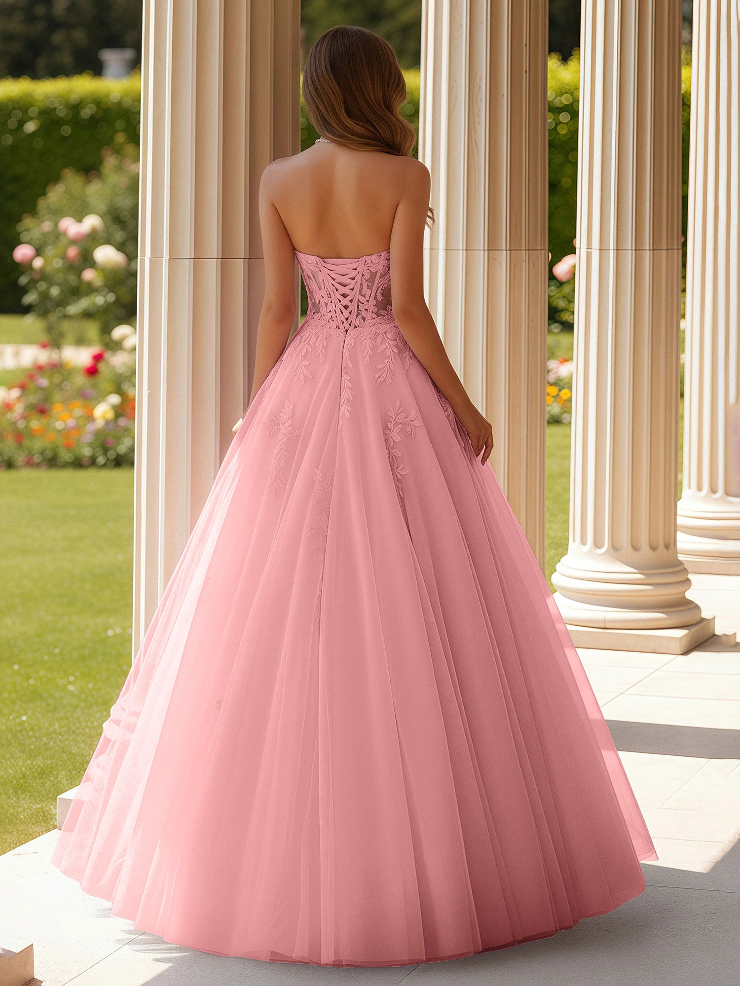 Lace Sweetheart Sheer Corset Applique Tulle Dress Flamingo - Image 2