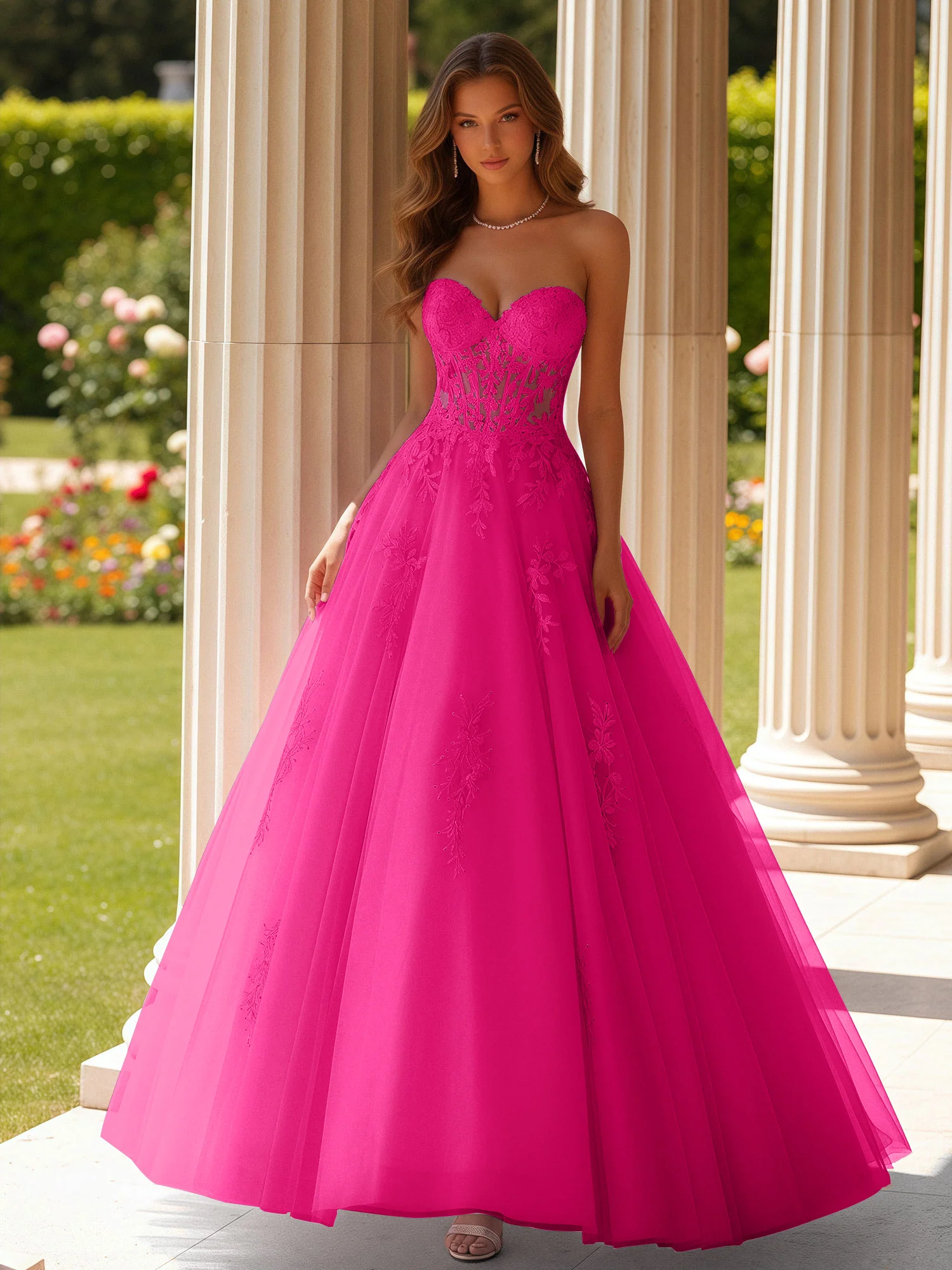 Lace Sweetheart Sheer Corset Applique Tulle Dress Fuchsia