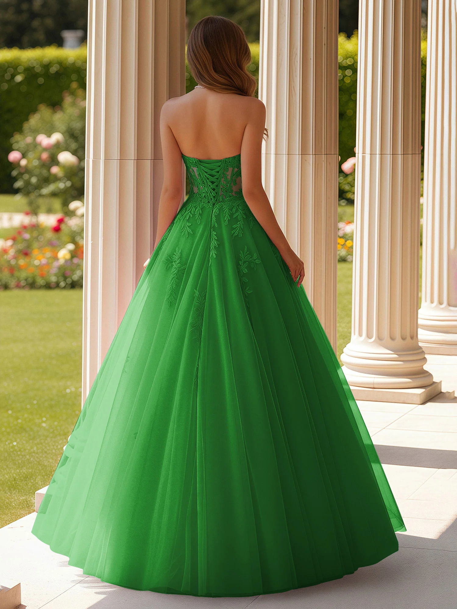 Lace Sweetheart Sheer Corset Applique Tulle Dress Green - Image 2