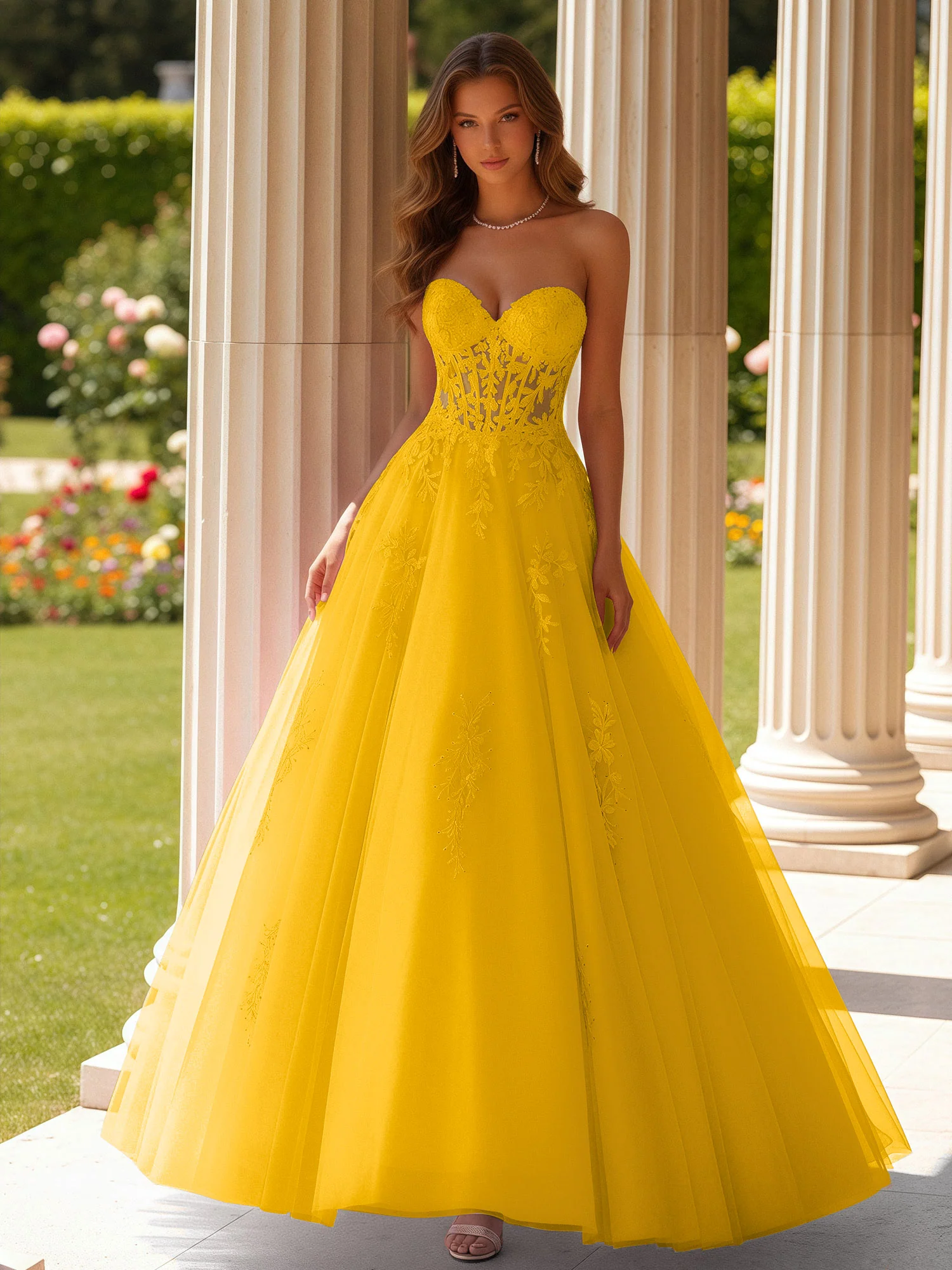 Lace Sweetheart Sheer Corset Applique Tulle Dress Marigold