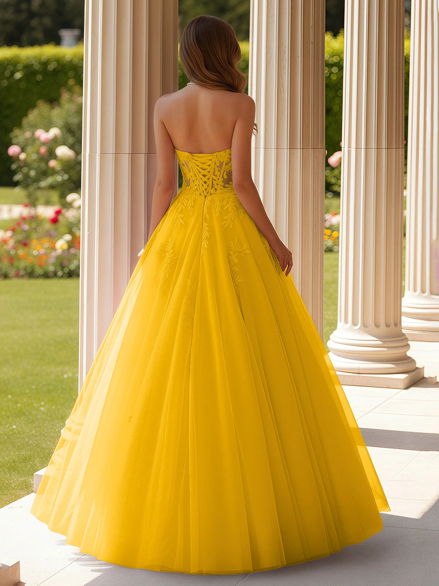 Lace Sweetheart Sheer Corset Applique Tulle Dress Marigold - Image 2