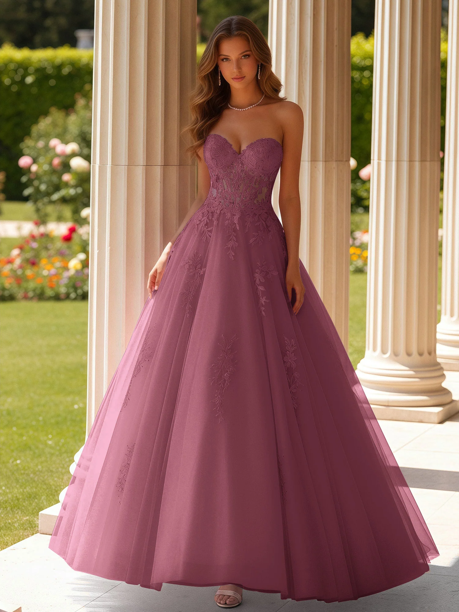 Lace Sweetheart Sheer Corset Applique Tulle Dress Mulberry