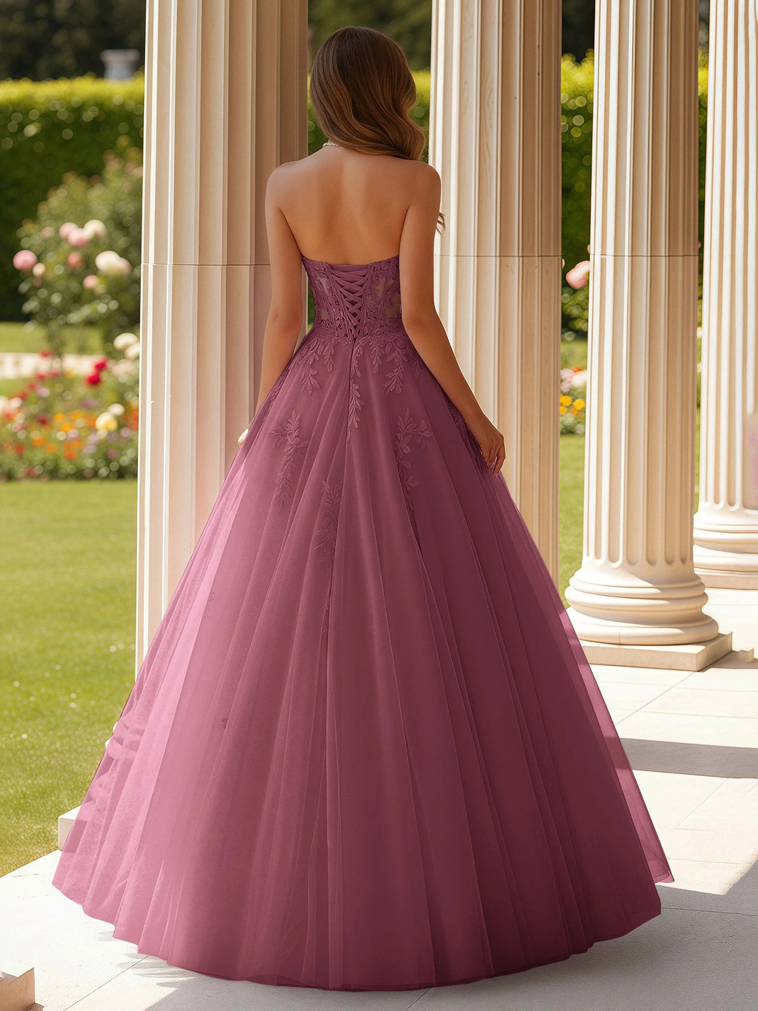 Lace Sweetheart Sheer Corset Applique Tulle Dress Mulberry - Image 2