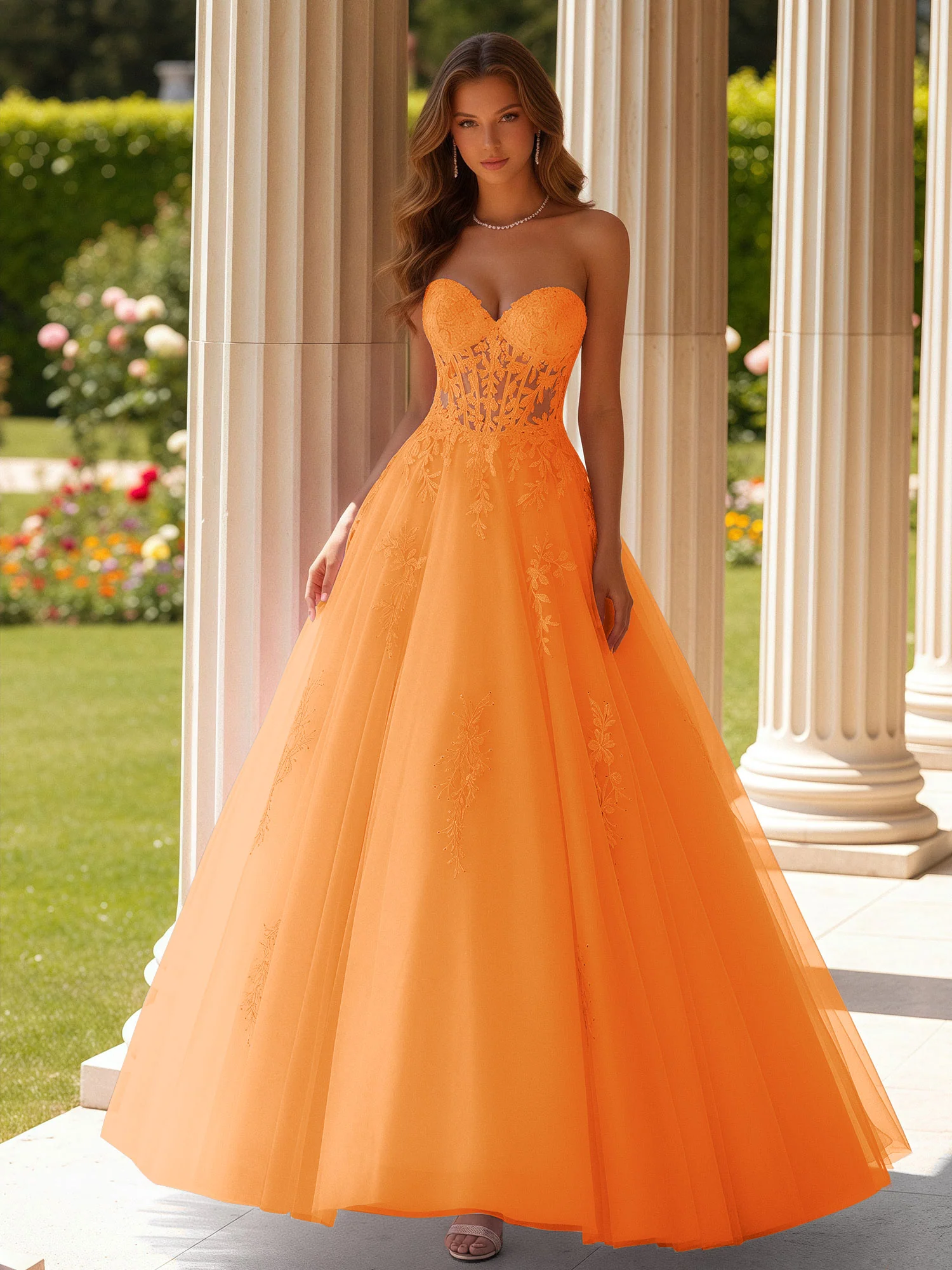 Lace Sweetheart Sheer Corset Applique Tulle Dress Orange