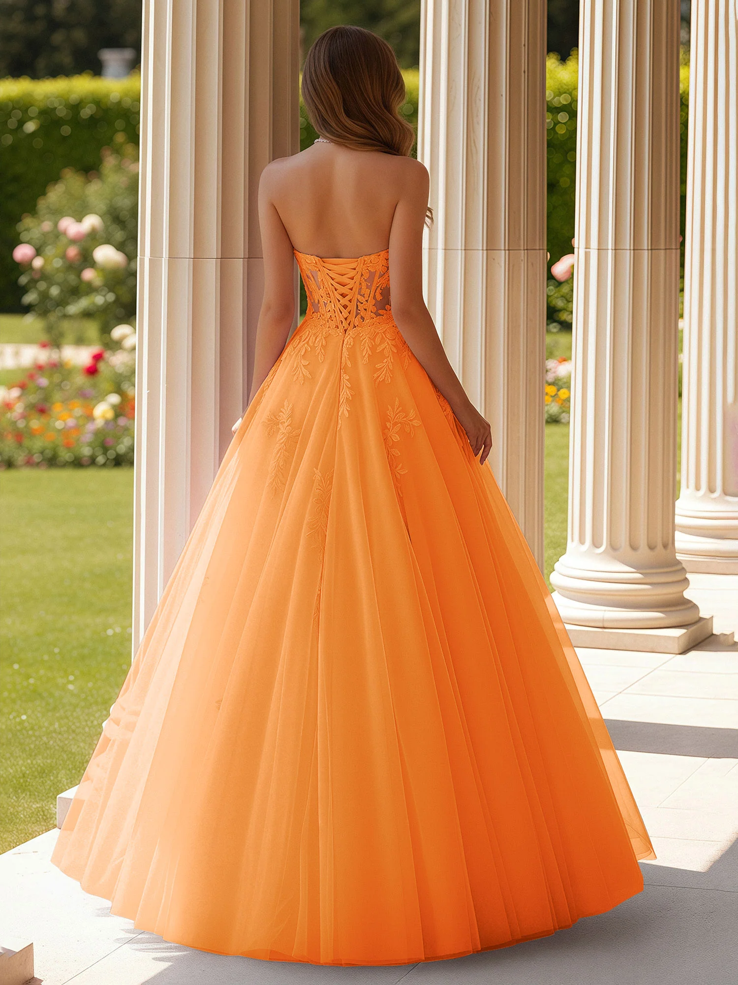 Lace Sweetheart Sheer Corset Applique Tulle Dress Orange - Image 2