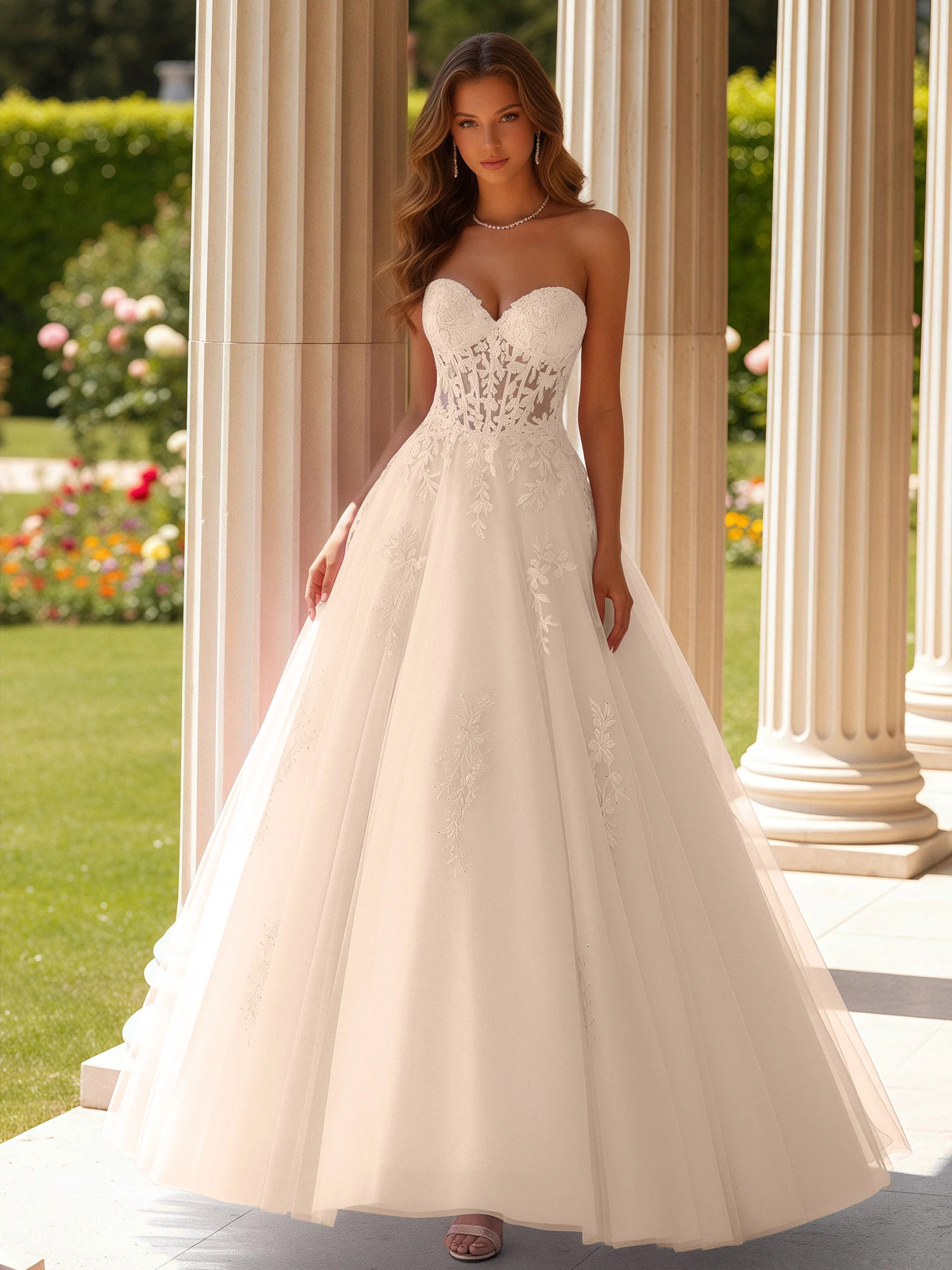 Lace Sweetheart Sheer Corset Applique Tulle Dress Peach