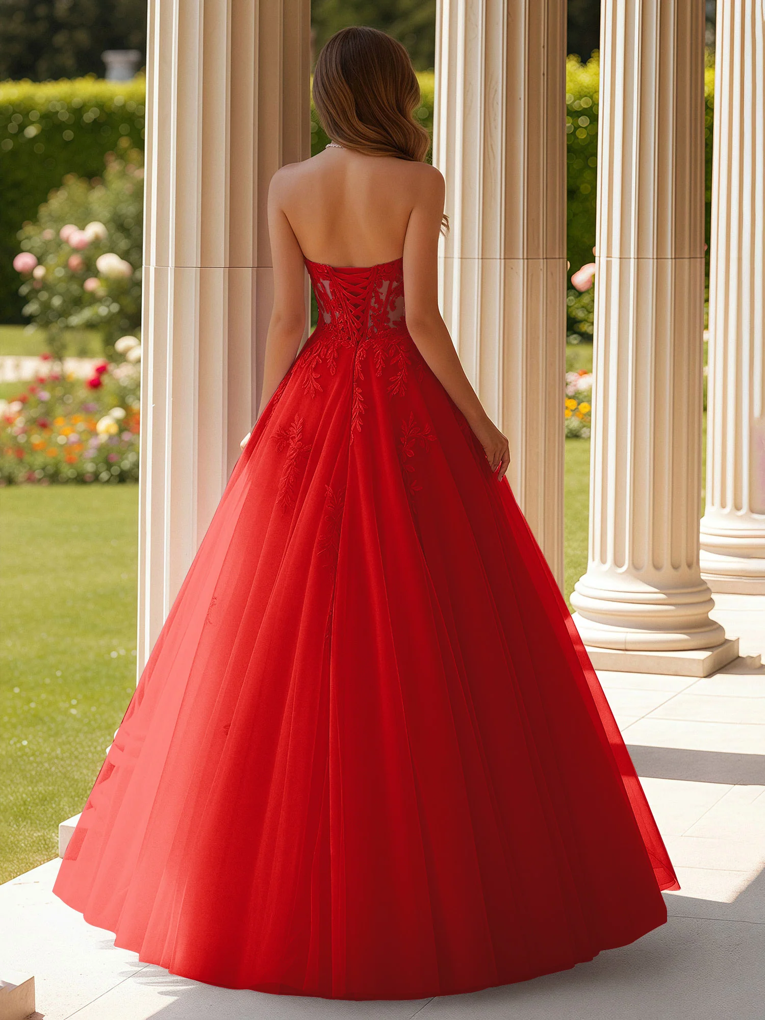 Lace Sweetheart Sheer Corset Applique Tulle Dress Red - Image 2