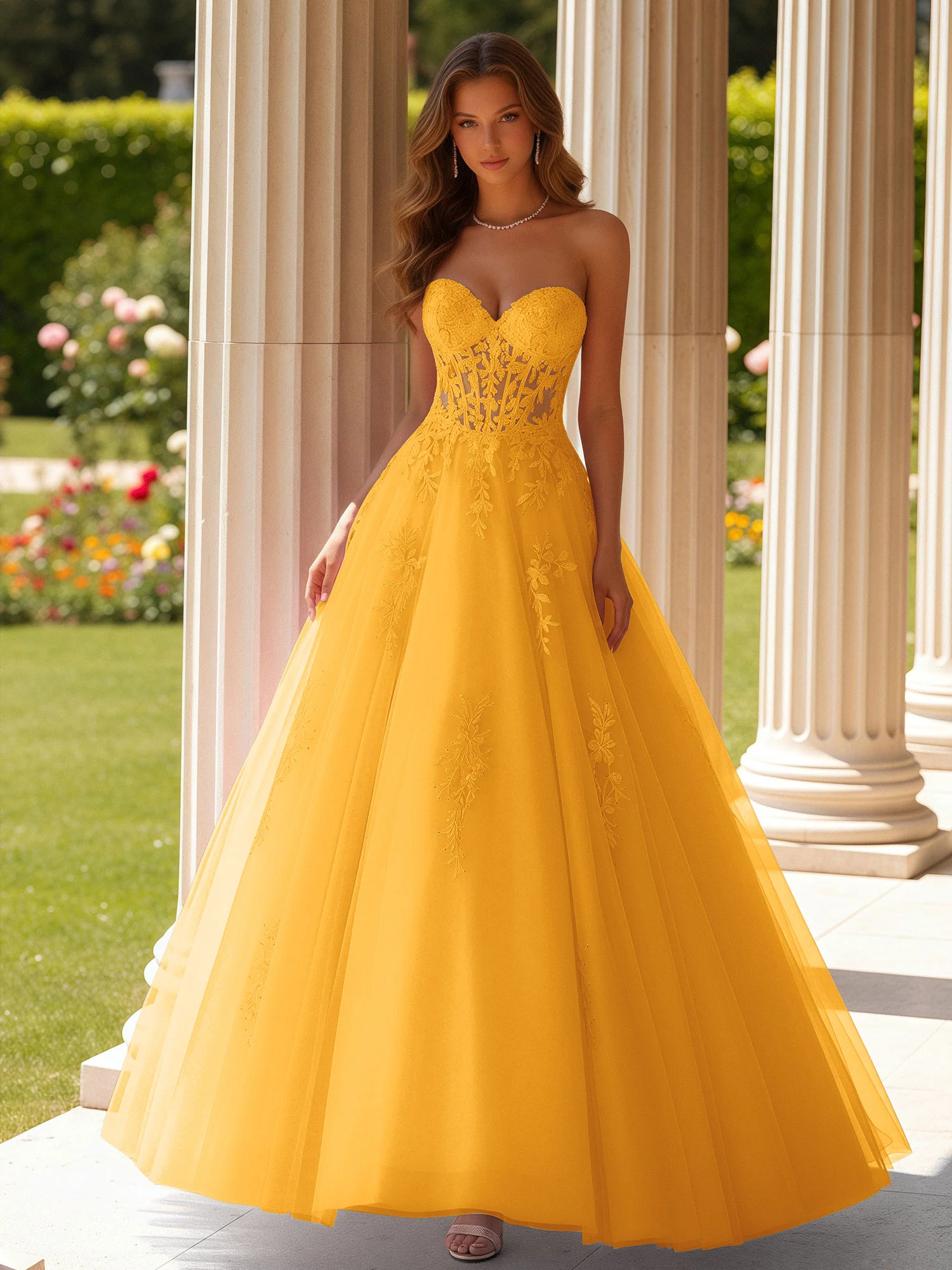 Lace Sweetheart Sheer Corset Applique Tulle Dress Tangerine