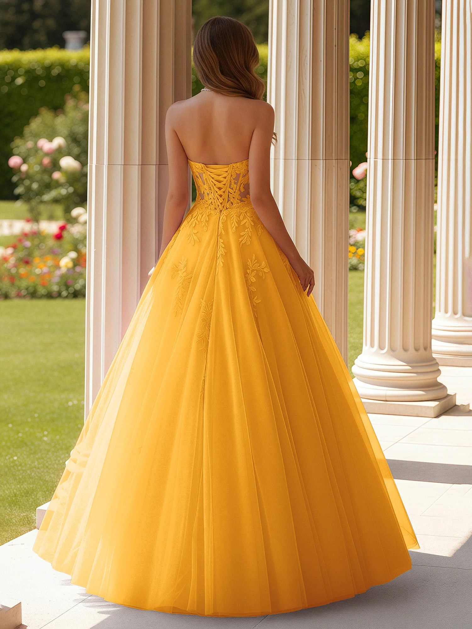 Lace Sweetheart Sheer Corset Applique Tulle Dress Tangerine - Image 2