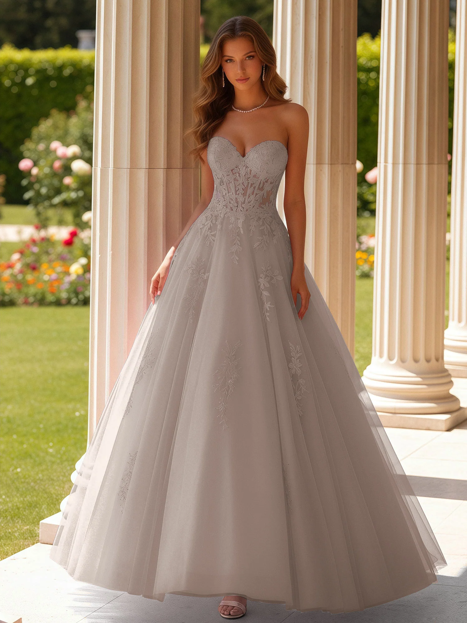 Lace Sweetheart Sheer Corset Applique Tulle Dress Taupe